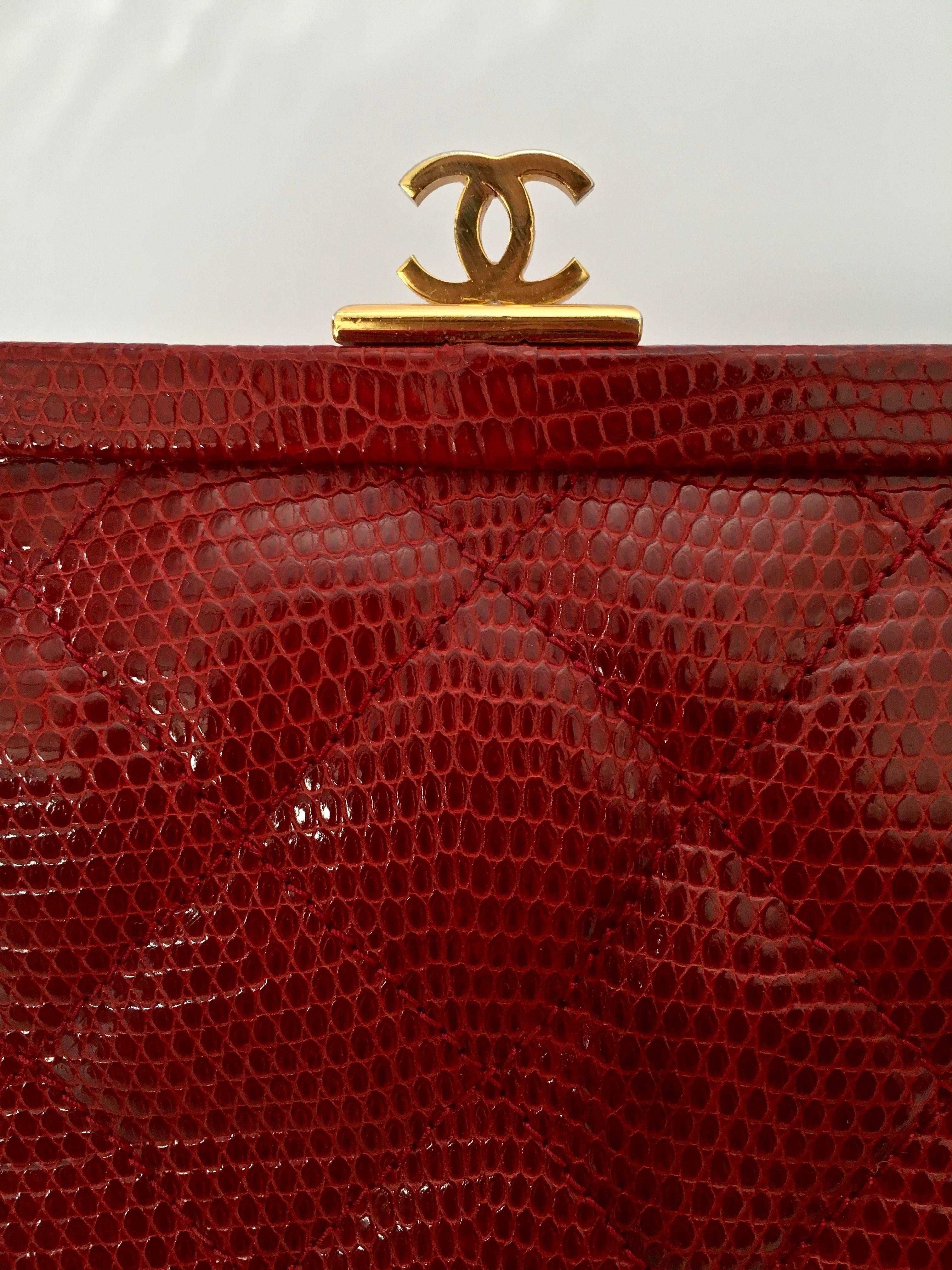 French Vintage Quilted Chanel Red Lizard Leather Clutch, with Shoulder Chain