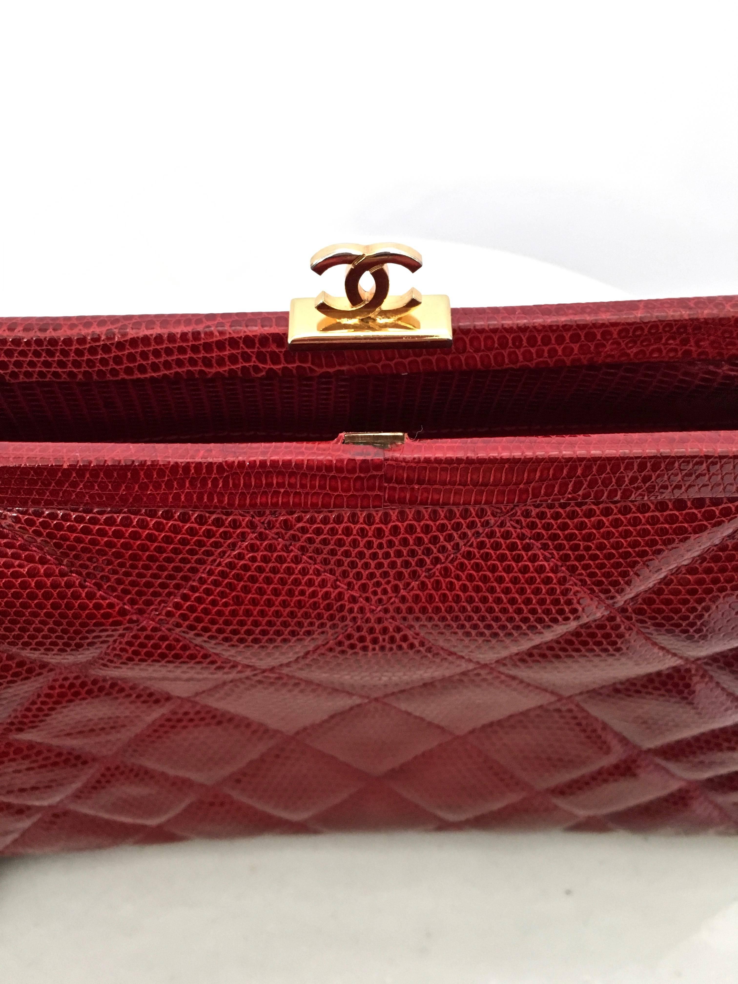 Embossed Vintage Quilted Chanel Red Lizard Leather Clutch, with Shoulder Chain