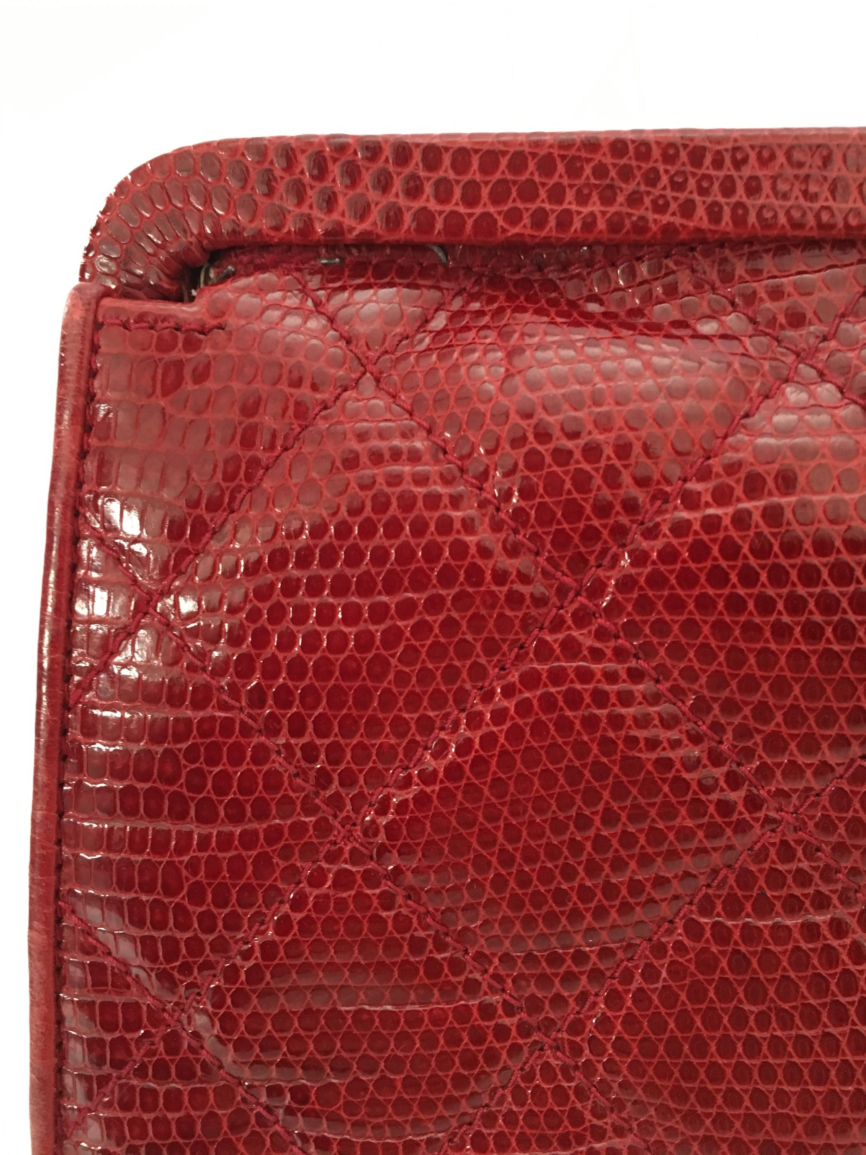 Vintage Quilted Chanel Red Lizard Leather Clutch, with Shoulder Chain 4