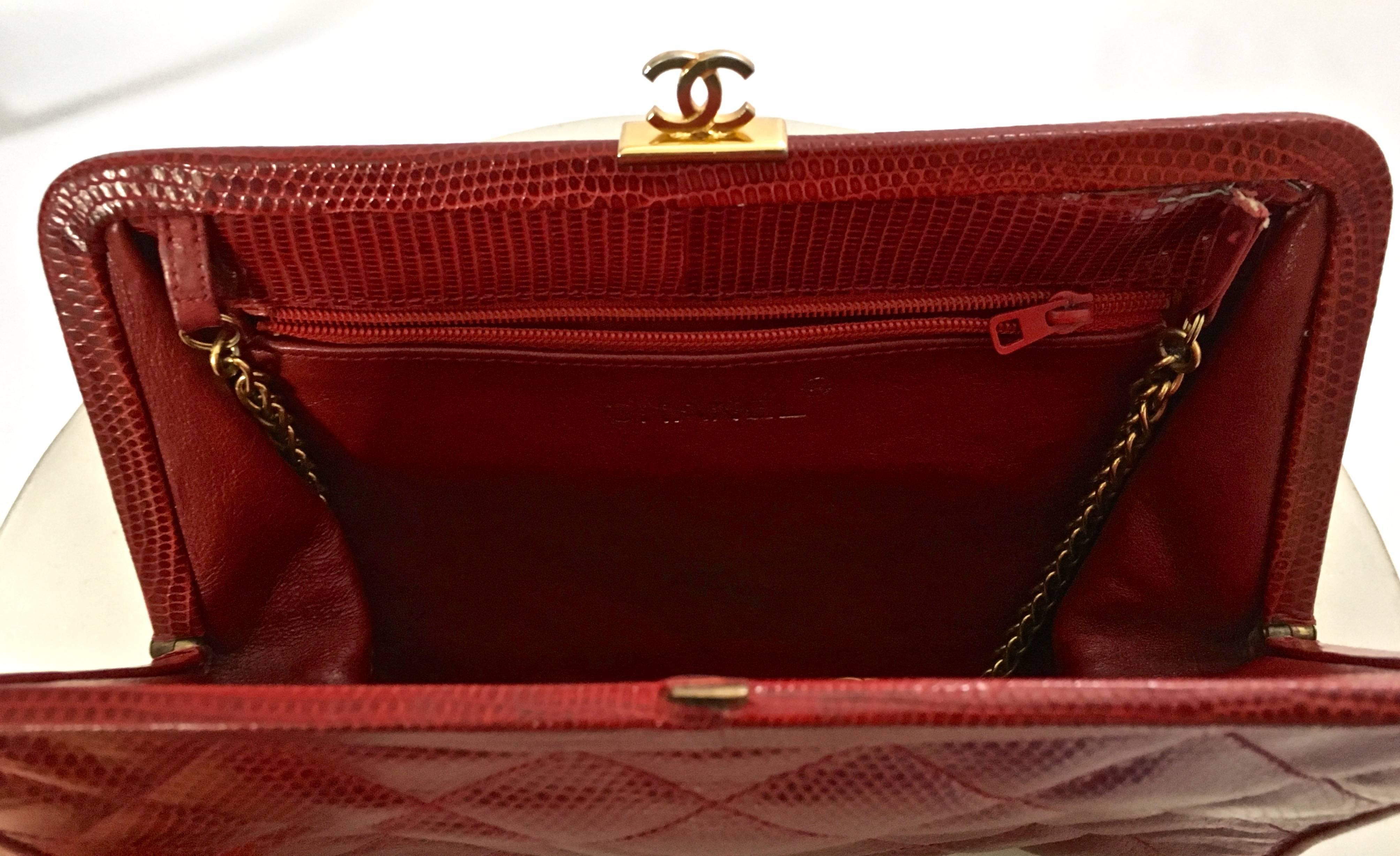20th Century Vintage Quilted Chanel Red Lizard Leather Clutch, with Shoulder Chain