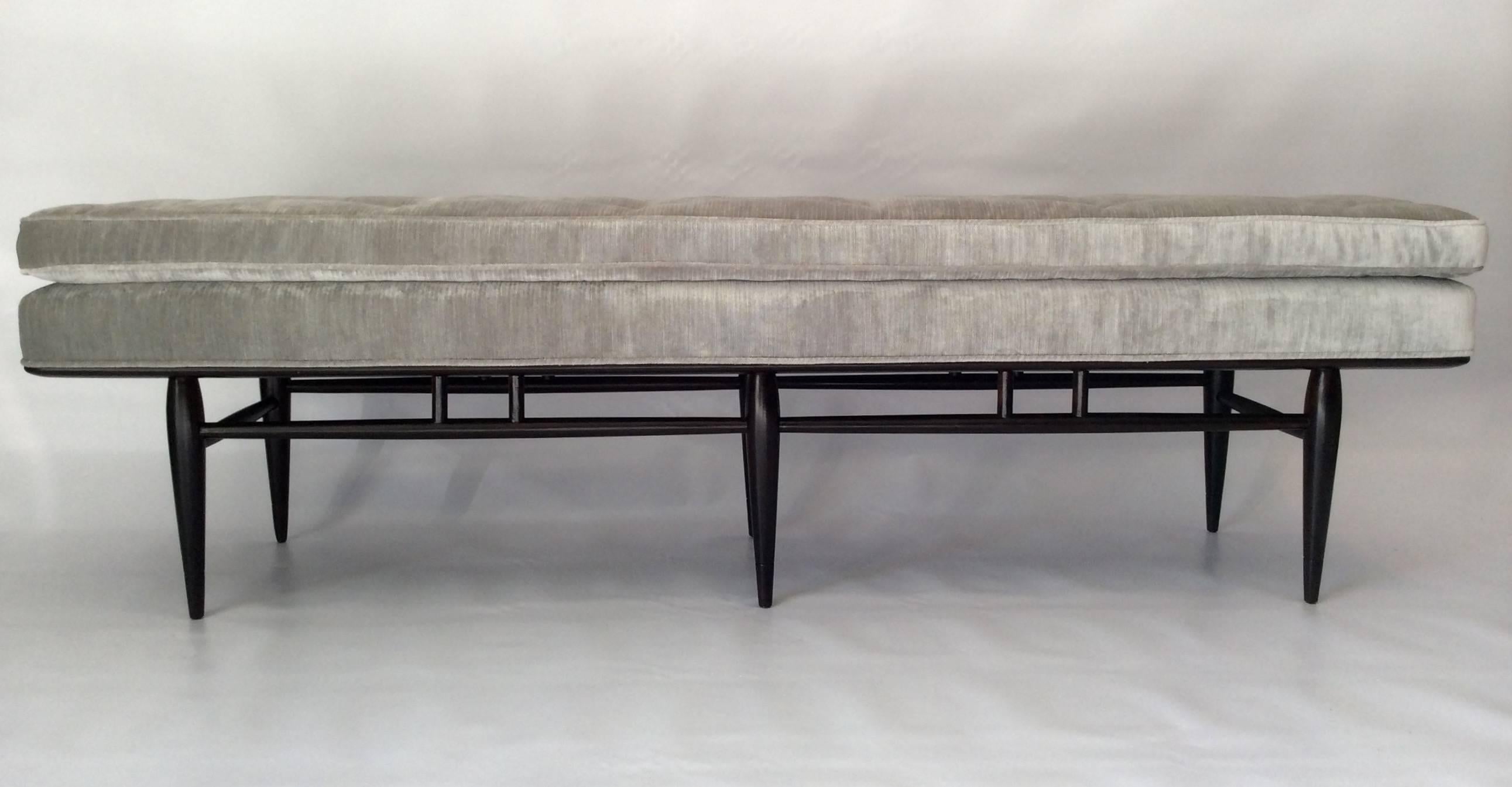 Mid-Century Modern Mid Century Button Tufted Bench, Dark Walnut Frame, Romo Fabric