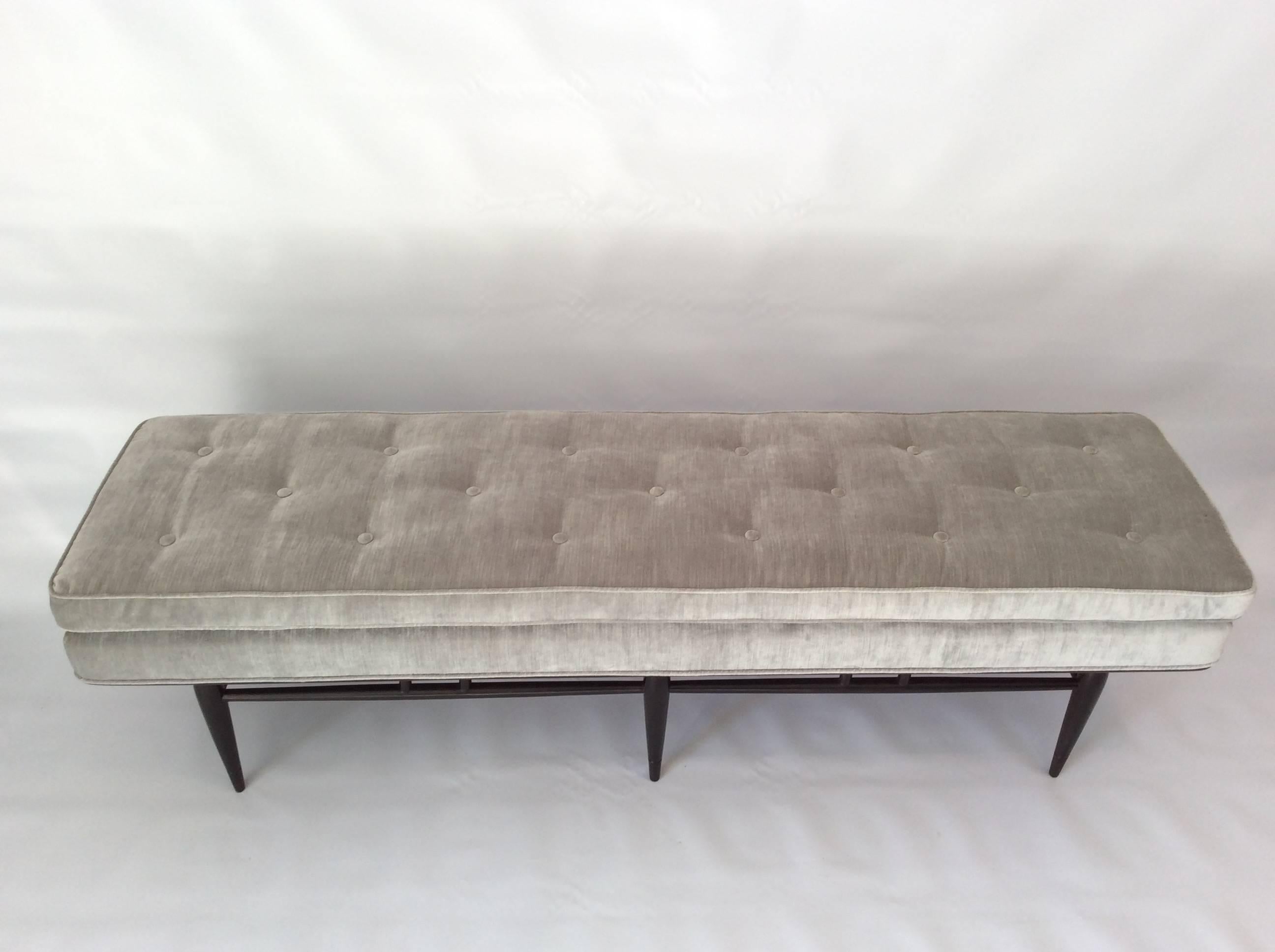 Stained Mid Century Button Tufted Bench, Dark Walnut Frame, Romo Fabric