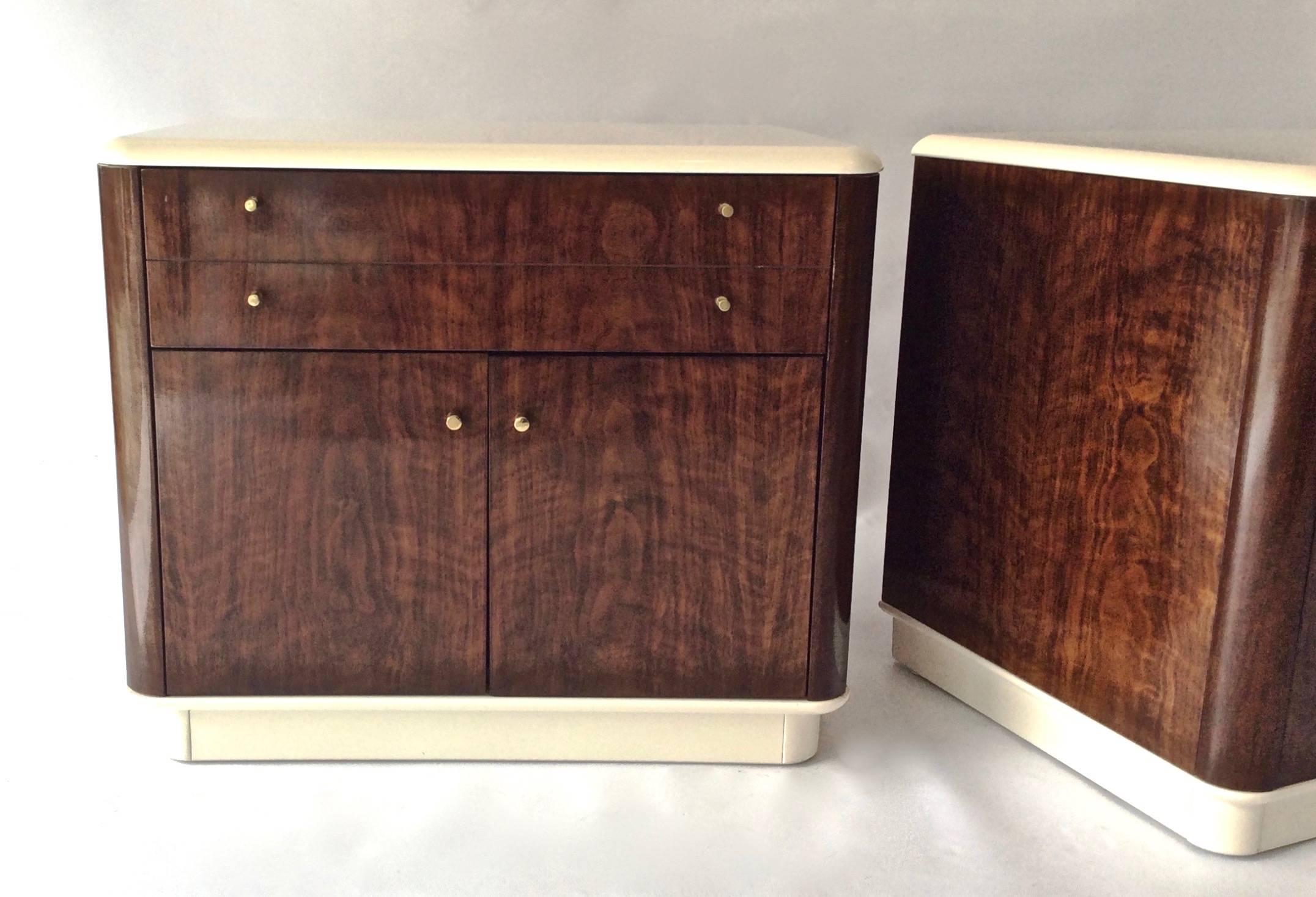 Newly lacquered top and bottom sections enhance the beautiful wood grain of these Drexel profile night or end tables.
Original brass hardware on functioning top drawer and cabinet doors. 

Additional measurement information
Drawer inside