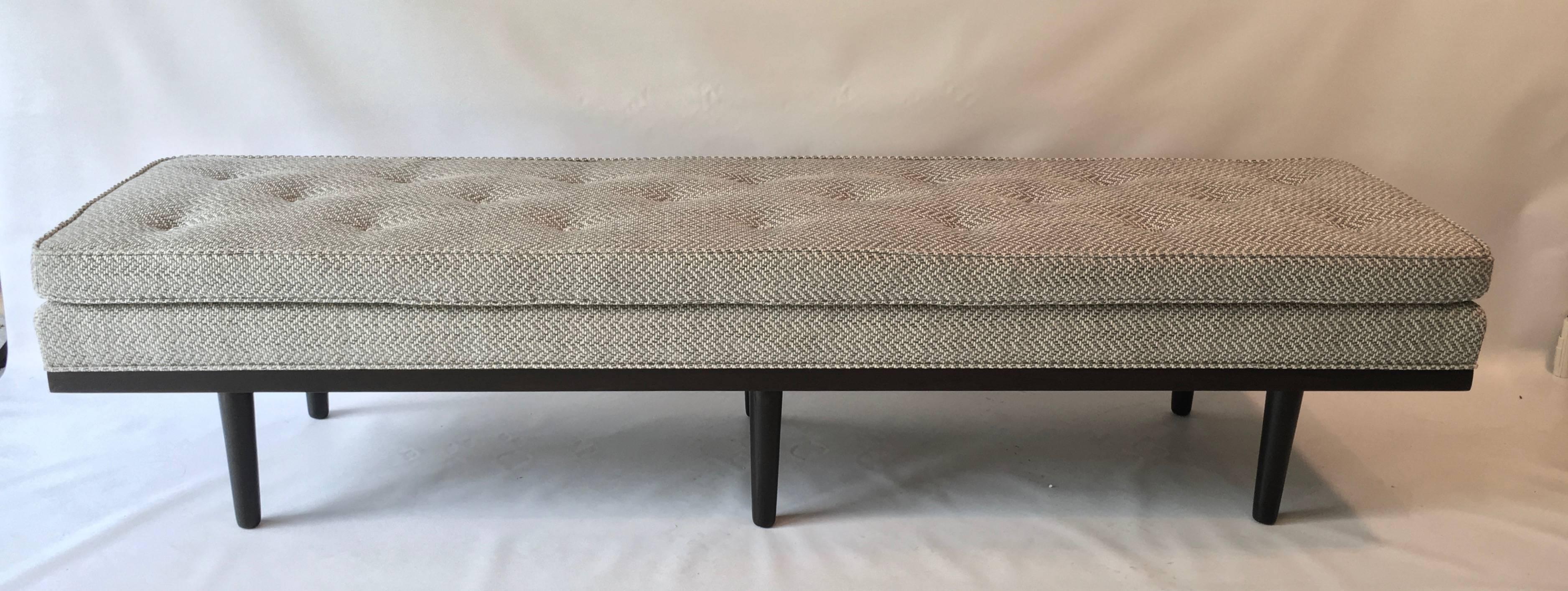 Stunning, and hard to find 72" extra-long Mid-Century Walnut bench, base newly re-finished in deep chocolate brown stain. 
Newly reupholstered button tufted cushion top, done in tone-on-tone woven Grey chevron fabric, by Pierre Frey,