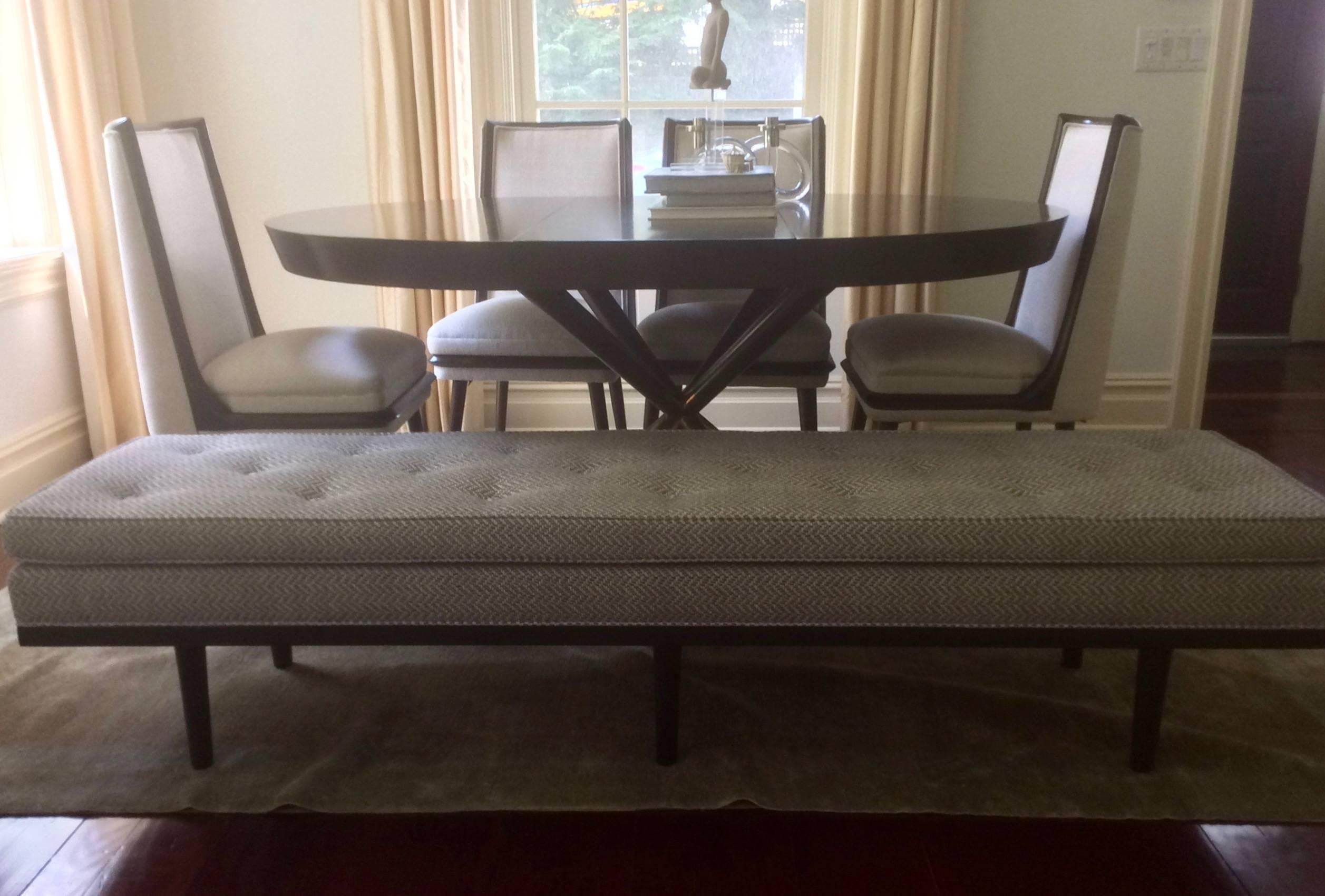 Long Mid-Century Bench, Dark Walnut Frame, Grey Woven Pierre Frey Fabric In Excellent Condition In Stamford, CT