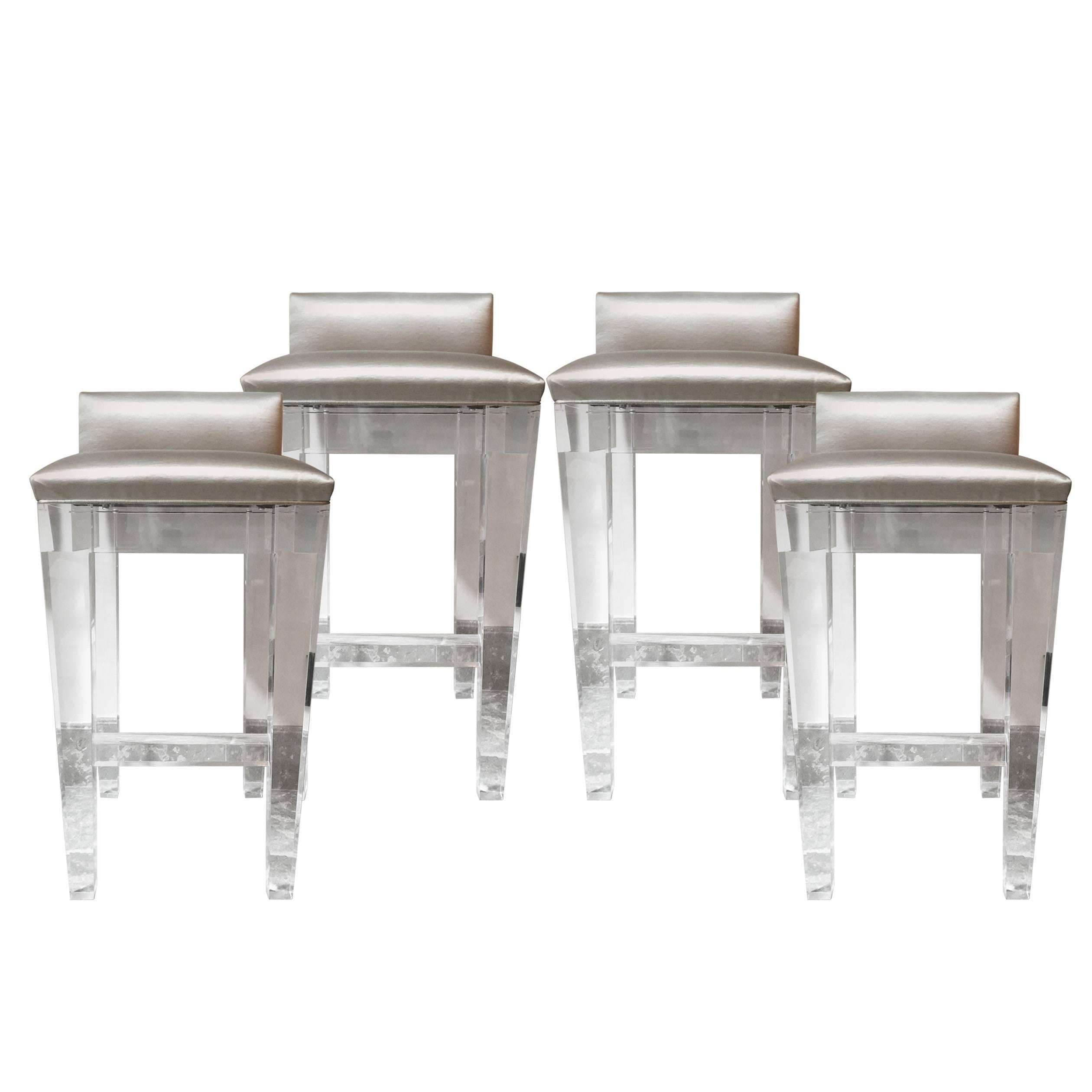 Incredible Lucite Bar Stools, Set of Four with Silk Upholstery