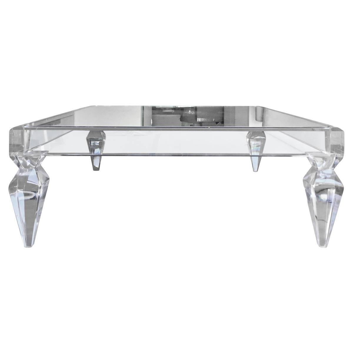 Large Avenire Lucite and antique mirrored coffee table, with faceted legs table, custom by Craig Van Den Brulle. 

