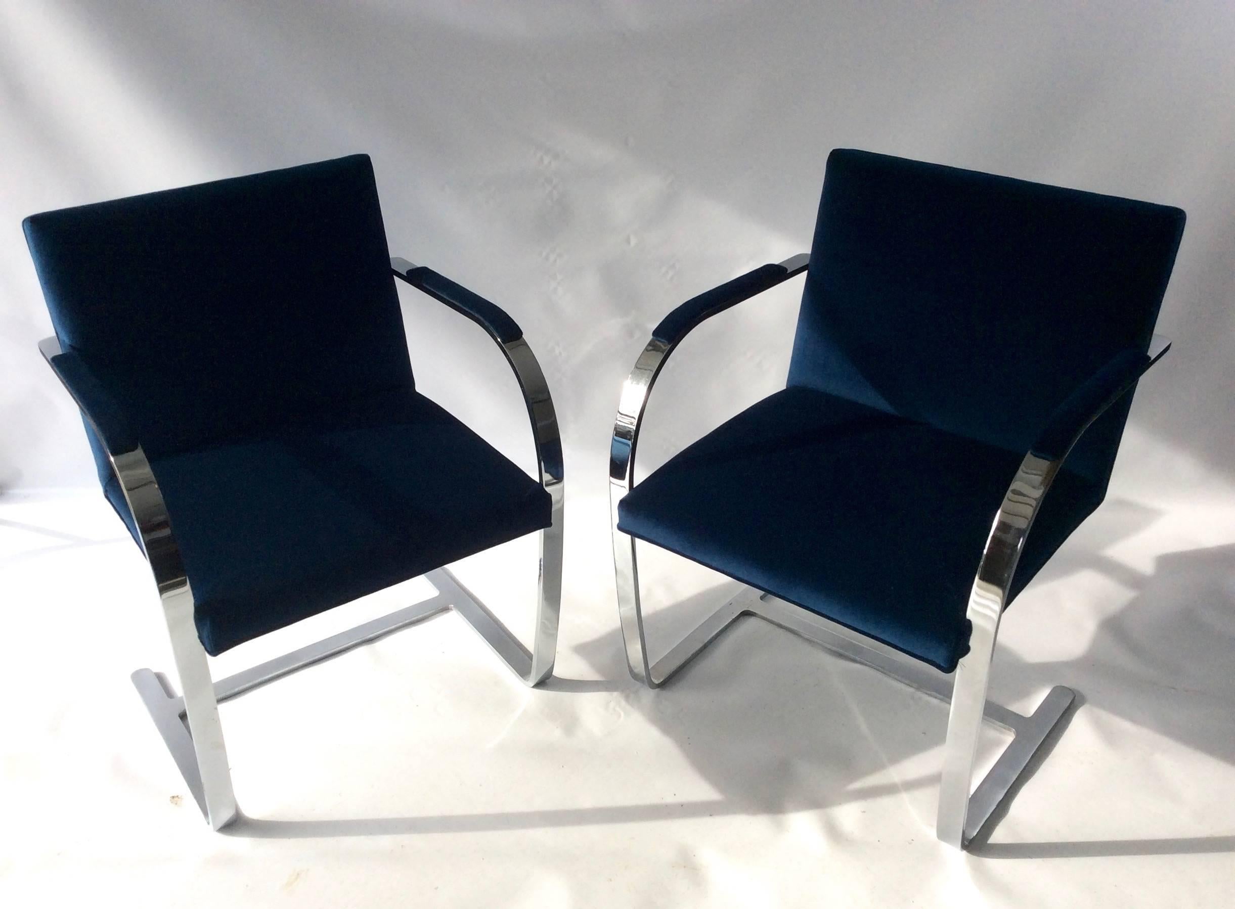 Mid-Century Modern Mies Van Der Rohe, BRNO Flat Bar Chrome Cantilevered Chairs, New Upholstery