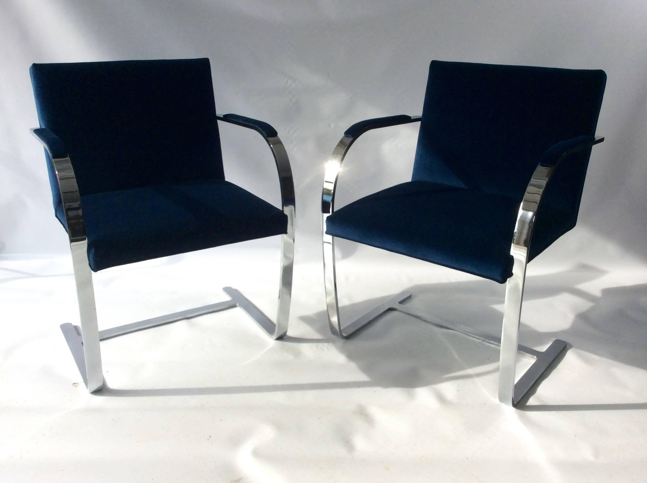 American Mies Van Der Rohe, BRNO Flat Bar Chrome Cantilevered Chairs, New Upholstery