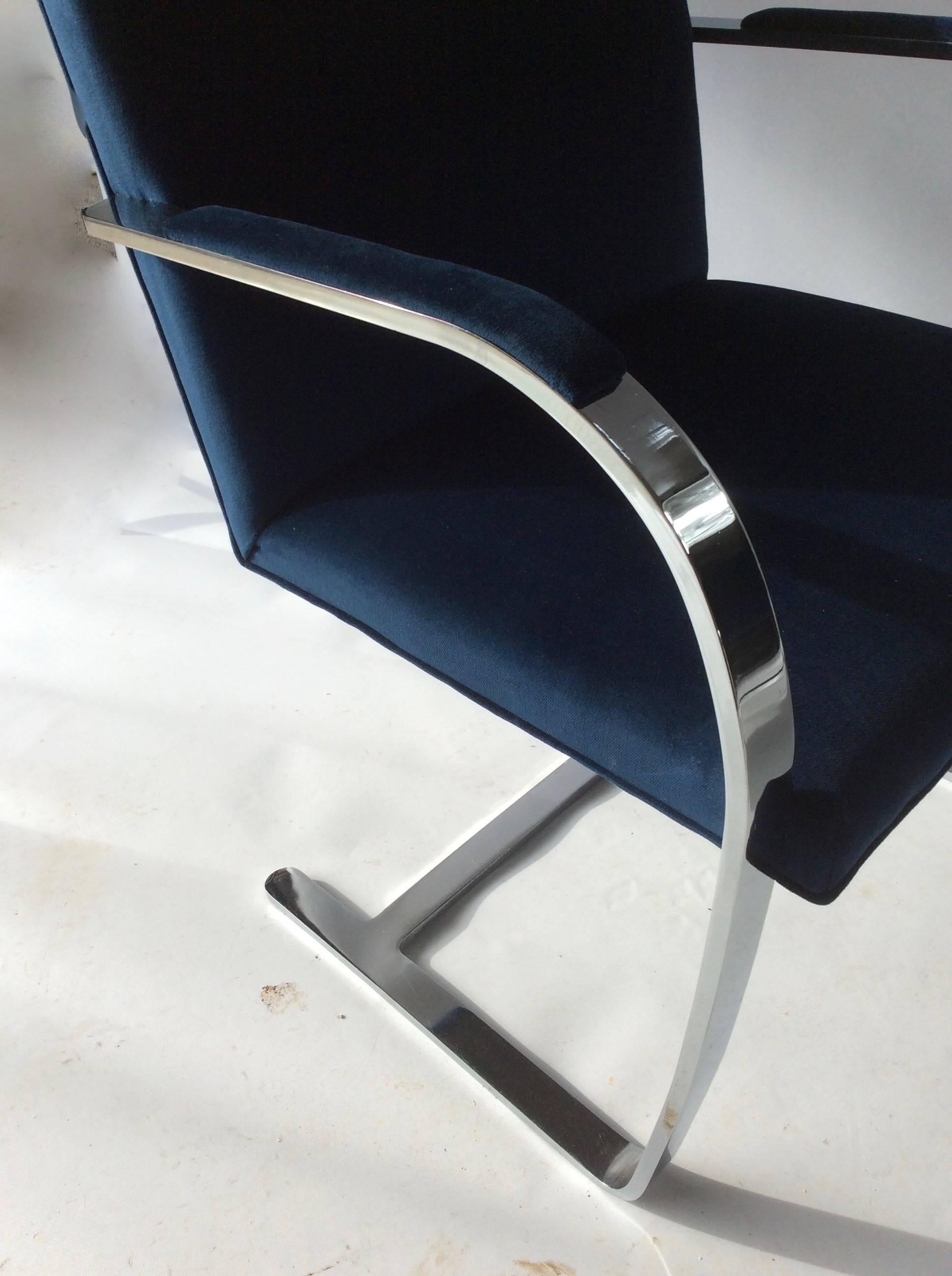 Mies Van Der Rohe, BRNO Flat Bar Chrome Cantilevered Chairs, New Upholstery In Good Condition In Stamford, CT