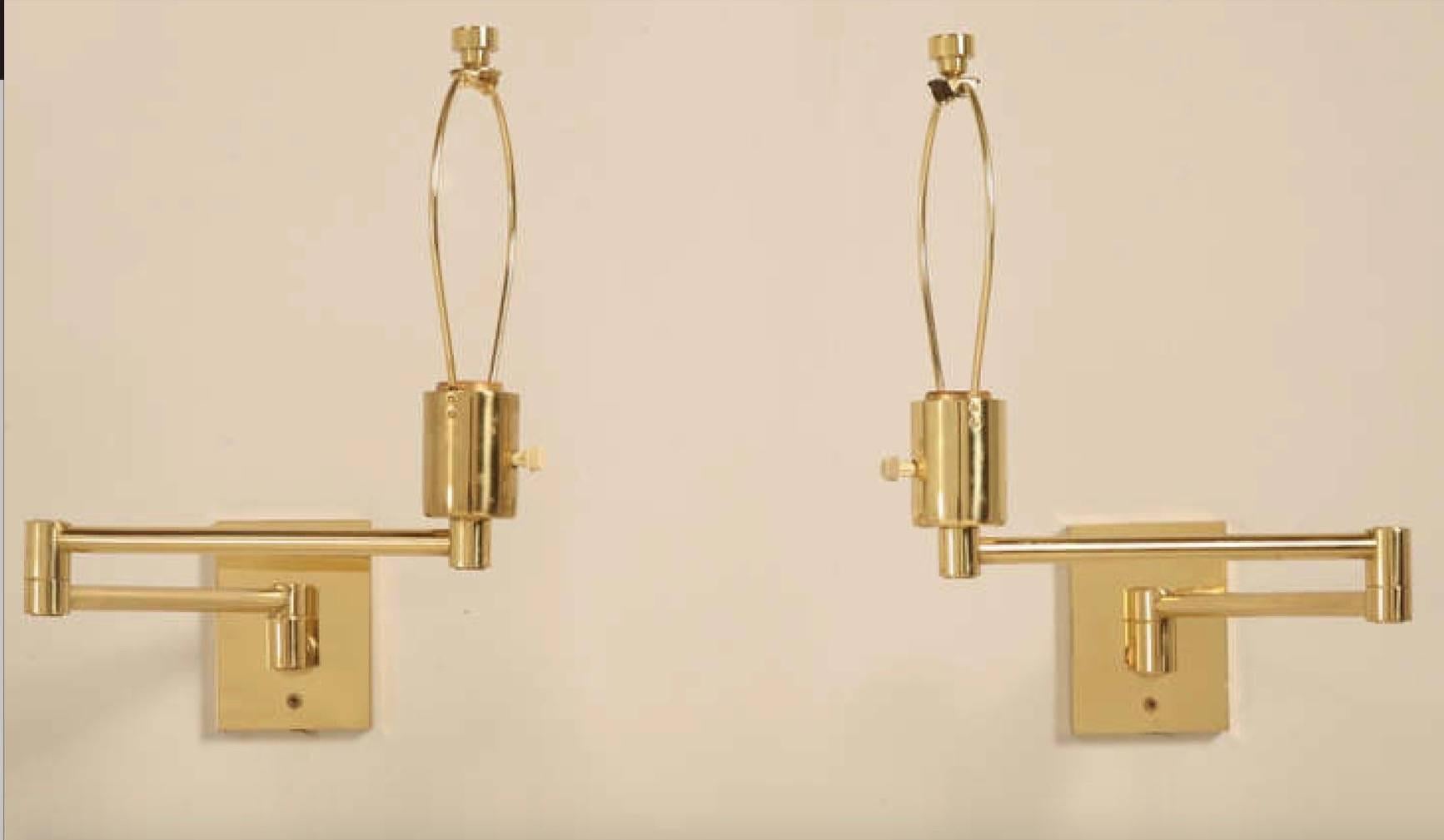 Mid-Century Modern Pair of Vintage Hansen Brass Swing Arm Wall Lamps, Stamped in Cast Brass For Sale