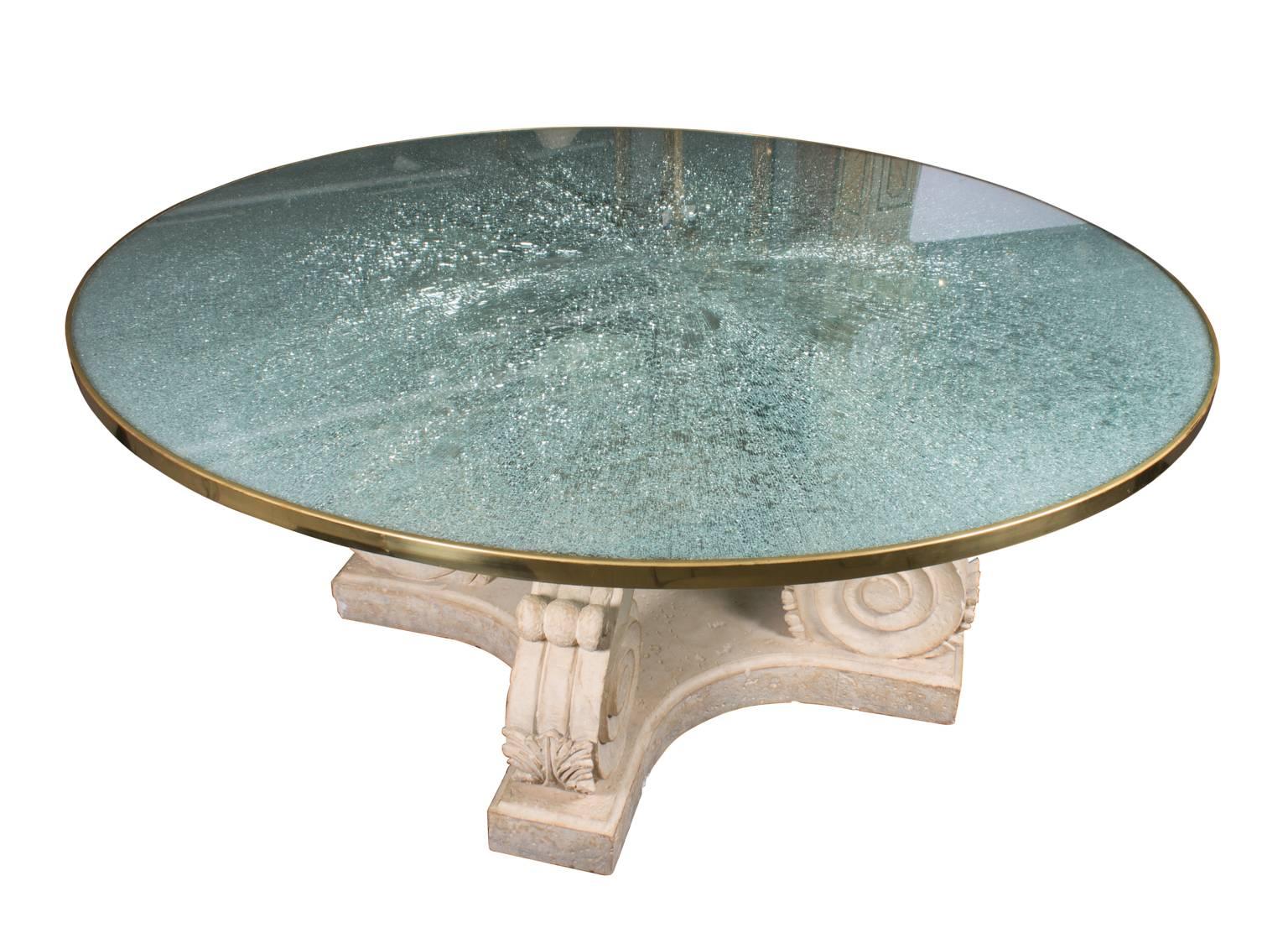 Amazing vintage Steven Chase designed 72 inch round dining, foyer or entry hall table. The solid large carved Limestone base, supports a stunning example of Steven Chase's signature designed crackle glass top, which is edged in stunning unlacquered