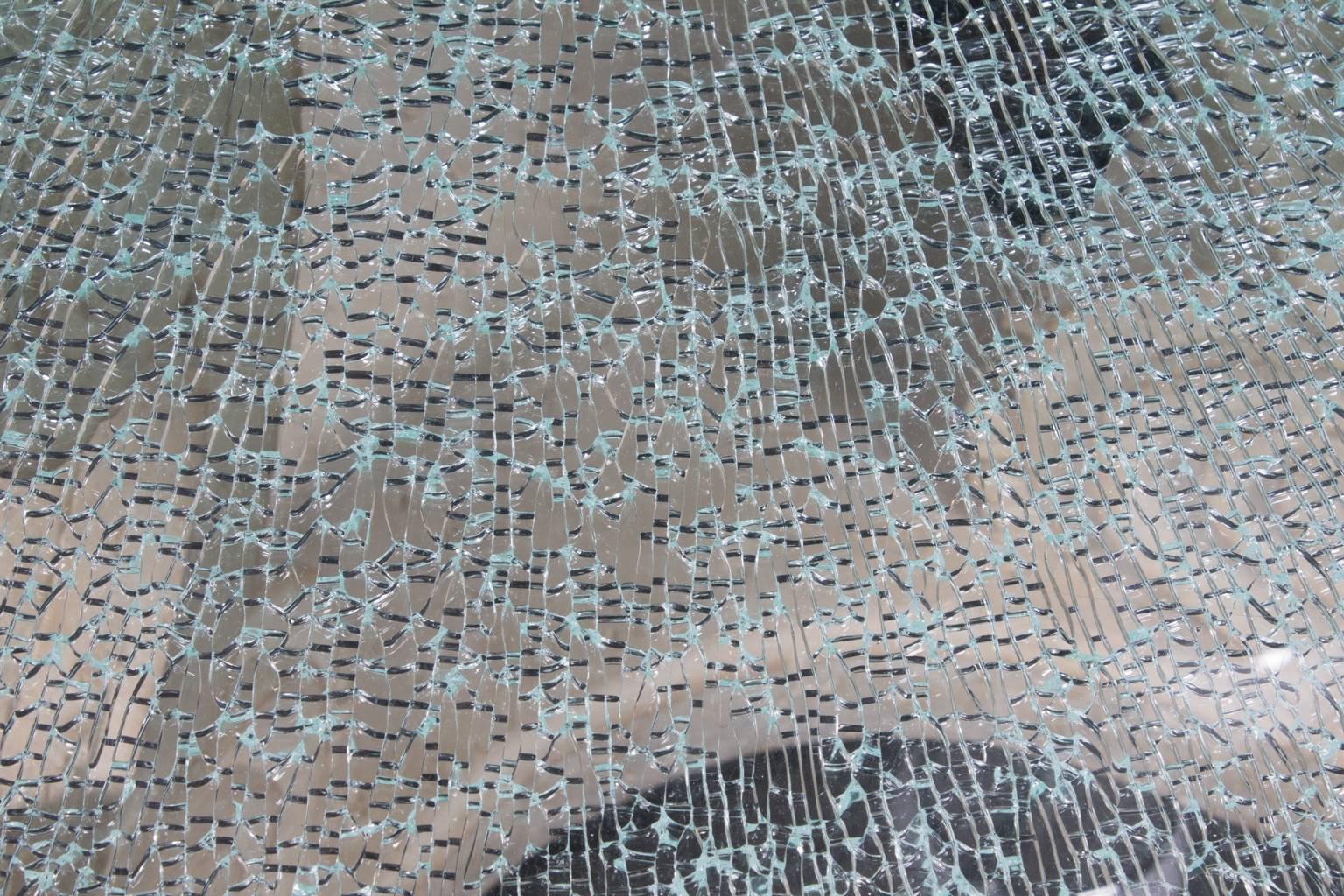 American Steve Chase Round Crackled Glass Top Table with Carved Solid Stone Base