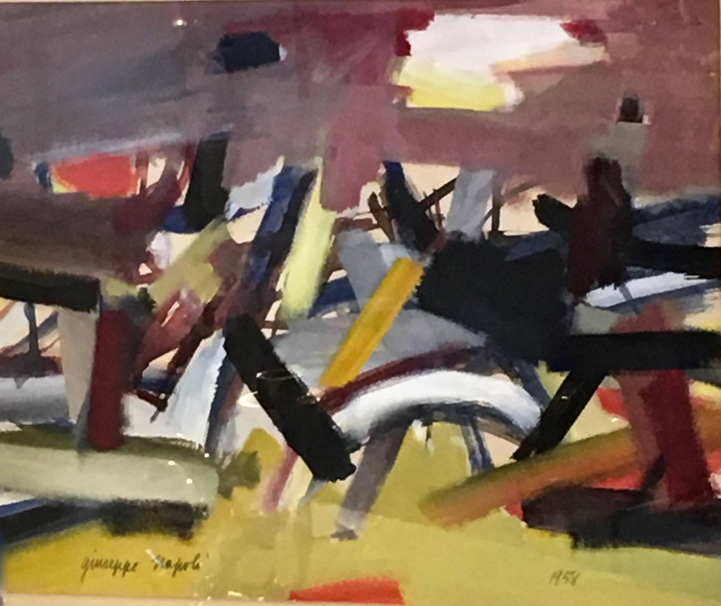 Mid-Century Modernist abstract watercolor (casein) and ink painting on paper by Giuseppe Napoli (1929-1967 New York) 