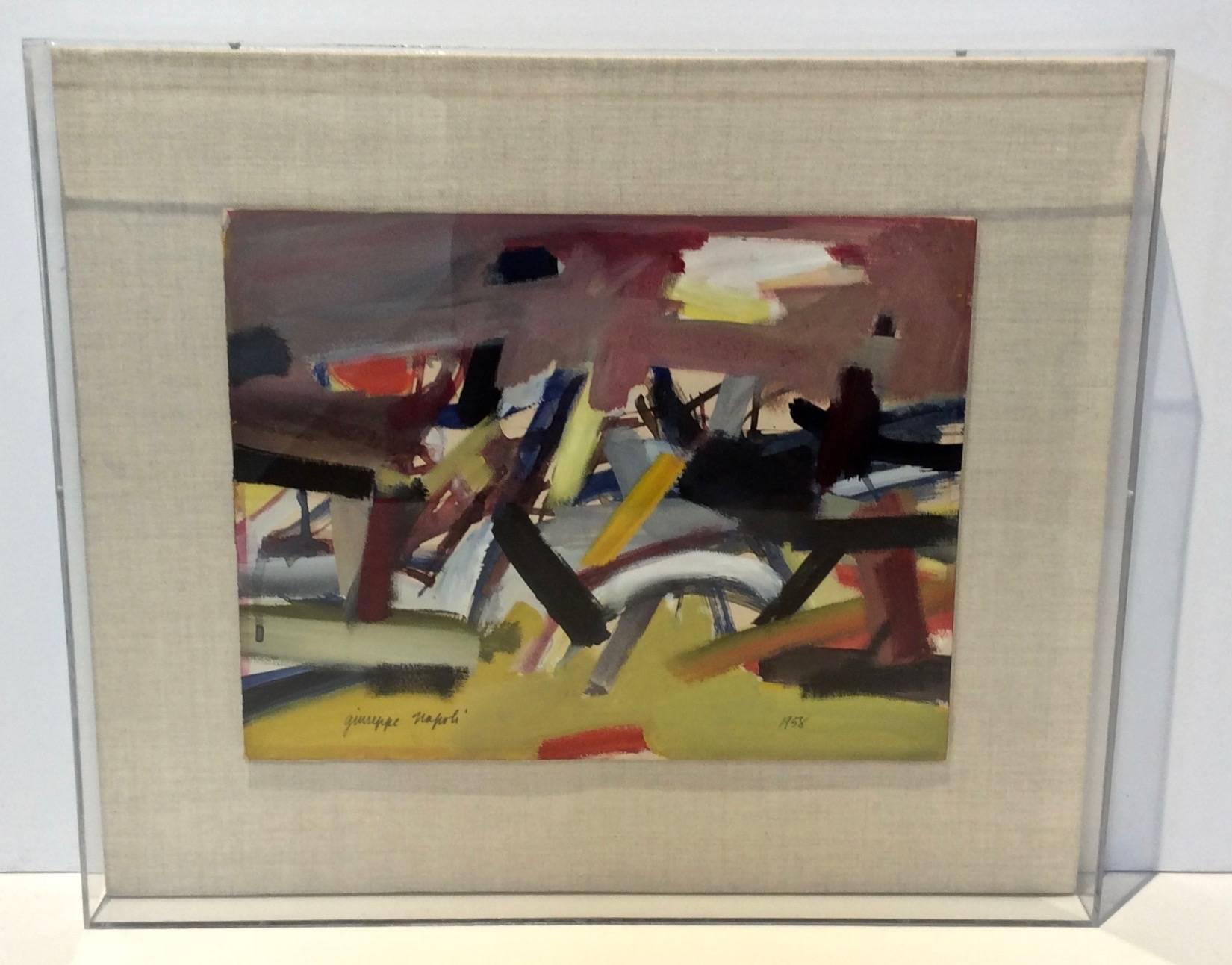 Mid-Century Modern Abstract Painting Signed by Giuseppe Napoli, Dated 1958 In Excellent Condition For Sale In Stamford, CT