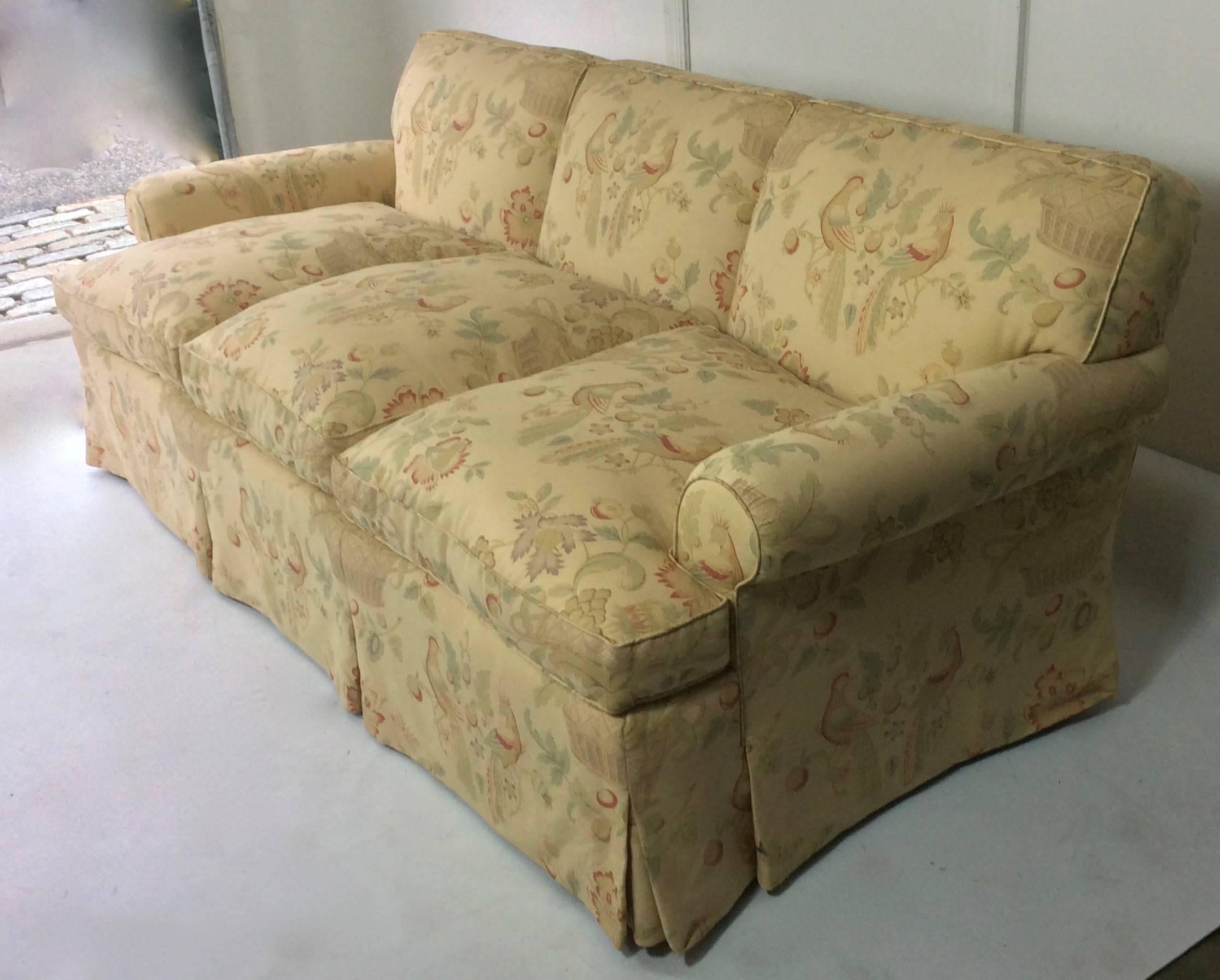George Smith style custom English rolled arm sofa, three-seat, deep seated and extremely comfortable, with down cushions and pleated dressmaker skirt. Custom upholstered, by master upholsterer in Birds and Basket pattern by noted small batch,
