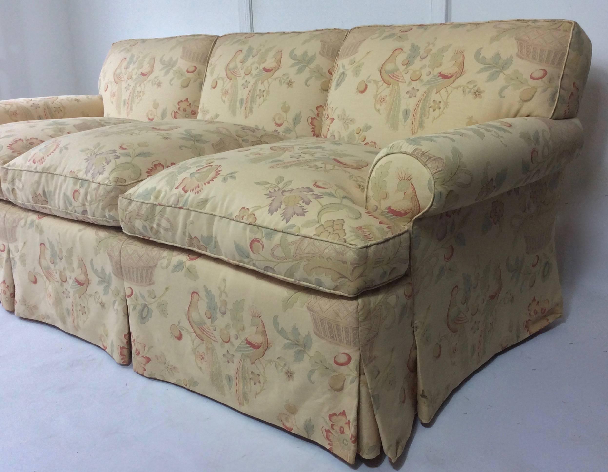 American English Style Sofa, Custom Upholstered in Bennison Hand Blocked Linen, 