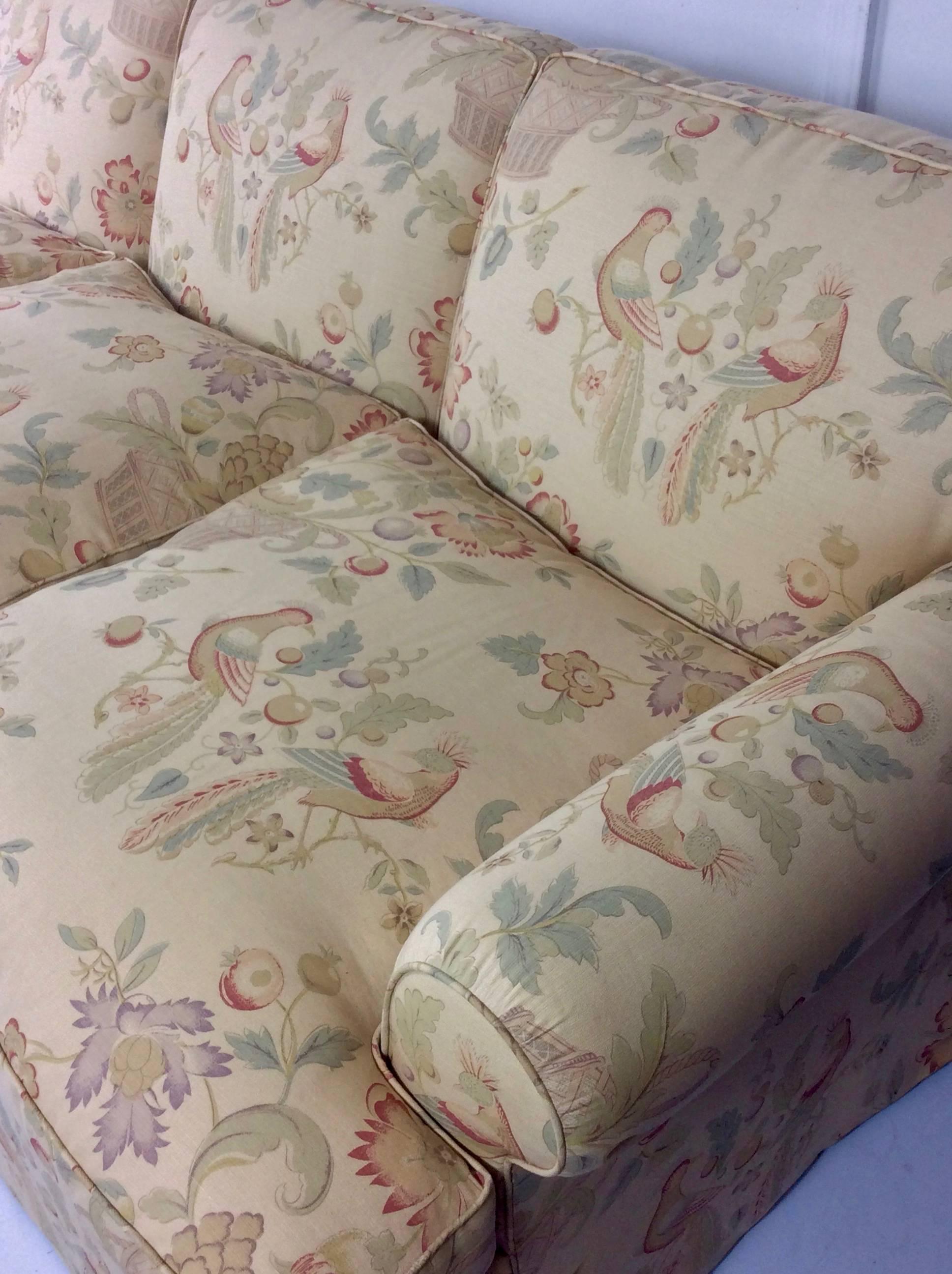Hand-Painted English Style Sofa, Custom Upholstered in Bennison Hand Blocked Linen, 