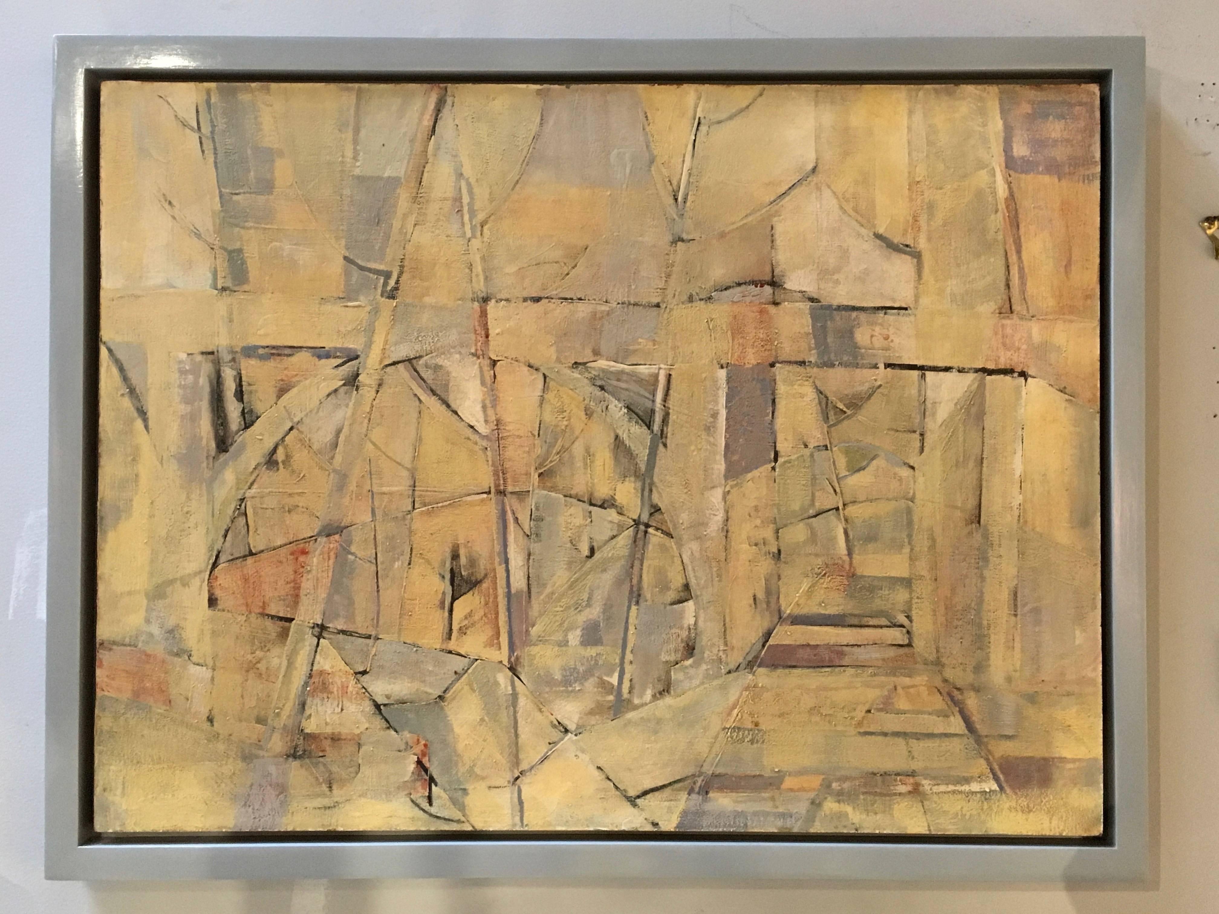 Mid-Century Modern Abstract Oil Painting, Floating Wood Frame 1