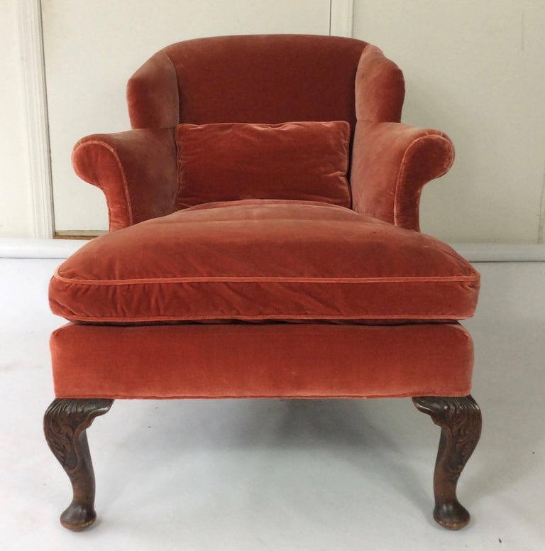 Antique Rolled Arm English Reading Chair, Silk Velvet Upholstery At European Antique Rolled Arm English Reading Chair, Silk Velvet Upholstery For Sale - Antique Rolled Arm English Reading Chair, Silk Velvet Upholstery At