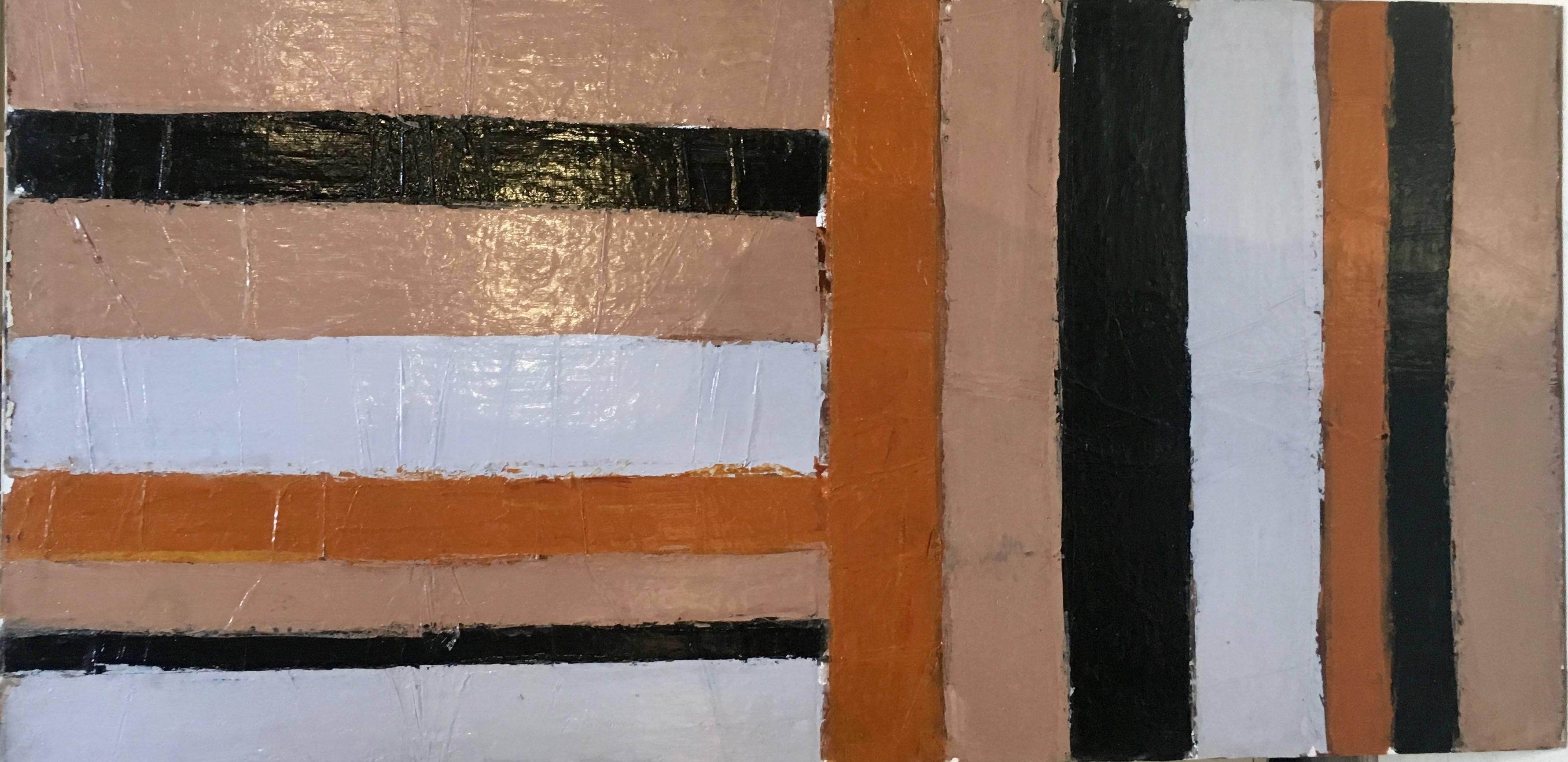 Painted in 1979, with thick impasto strokes of orange, peach, black and white this hard edged abstract oil painting measures an impressive 6' x 3' wide. Composed of two canvases seamlessly joined together, by listed artist Abe Lubelski, founder of