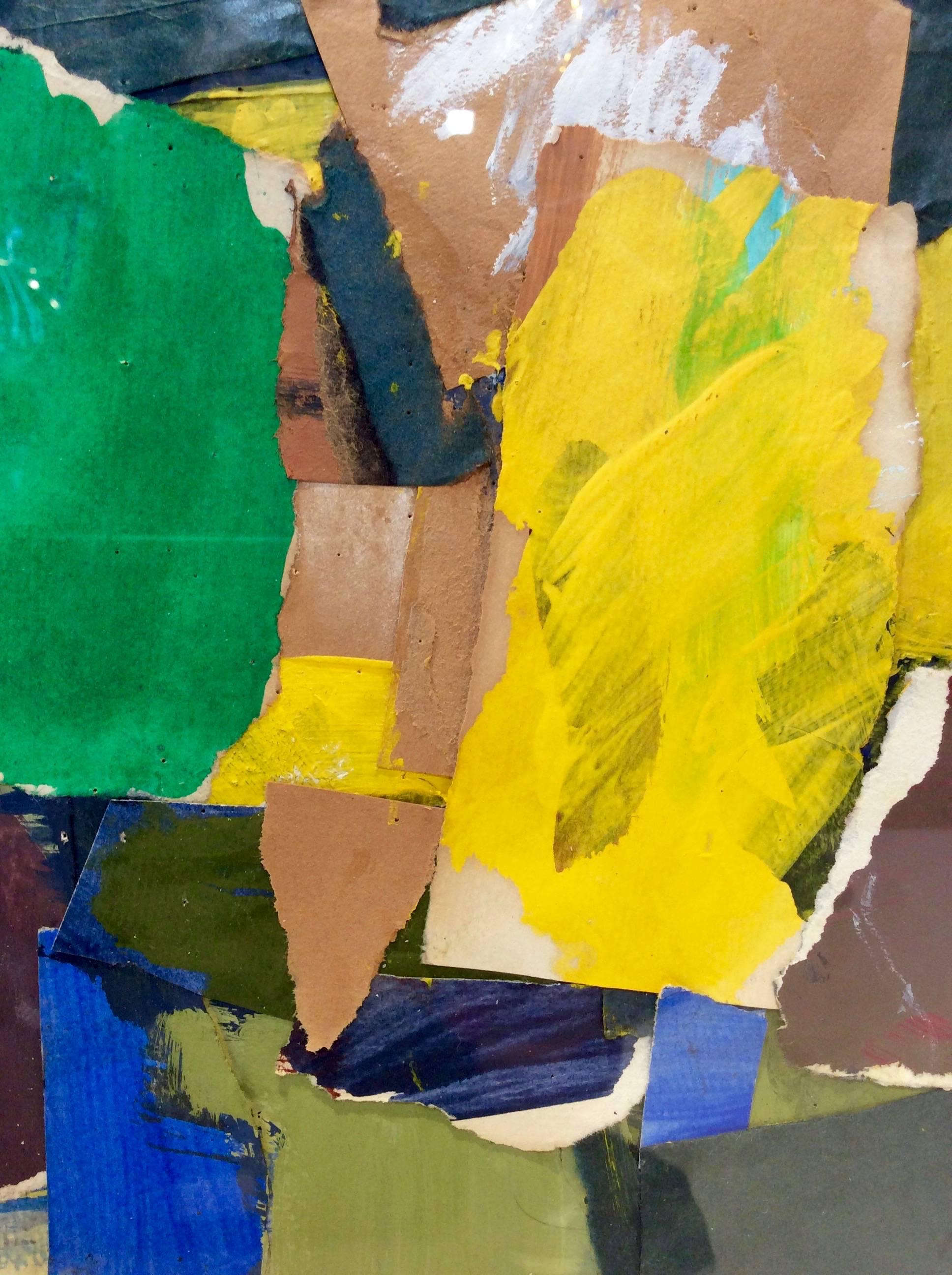 Fantastic jewel toned mixed media collage, signed by Artist Jacklyn Friedman. Assembled with multiple layers of paint and paper, giving this work a strong graphic abstract presence. The piece is floating on a linen mat background and highlighted in