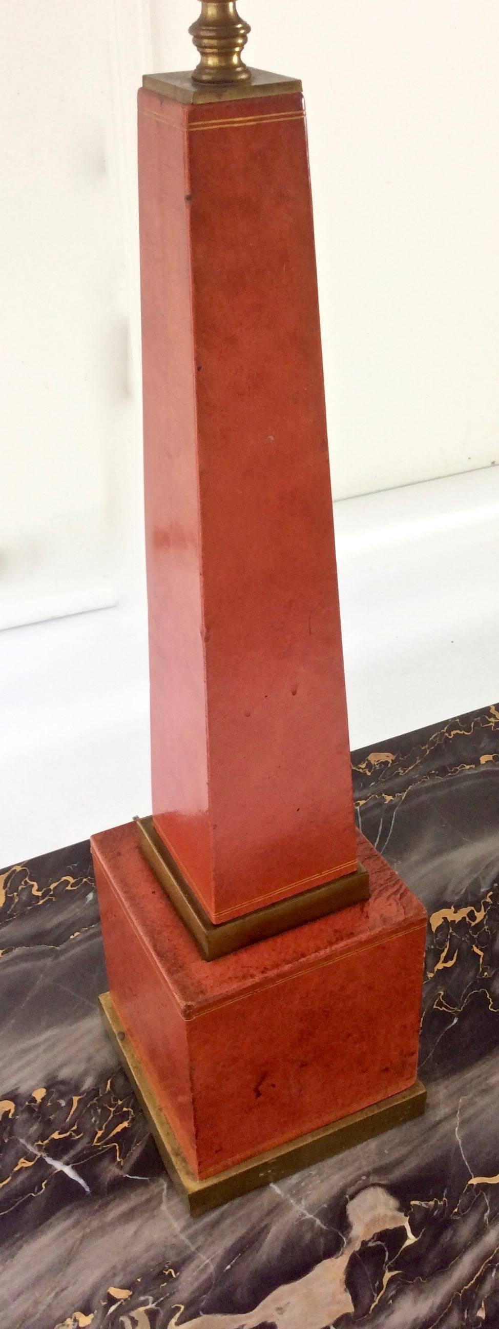 Vintage Leather Obelisk Table Lamp with Brass Trim and Custom Shade In Good Condition In Stamford, CT