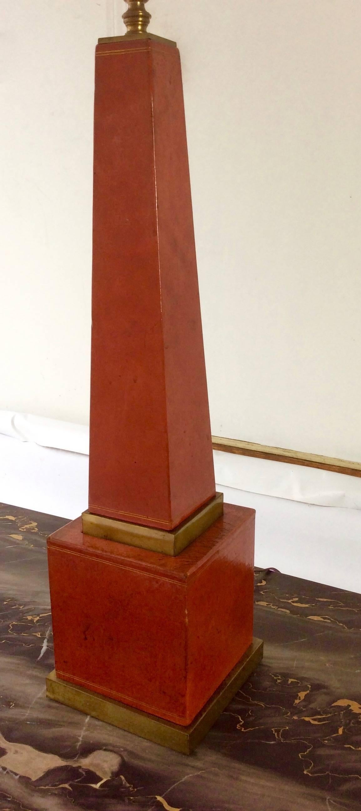 20th Century Vintage Leather Obelisk Table Lamp with Brass Trim and Custom Shade