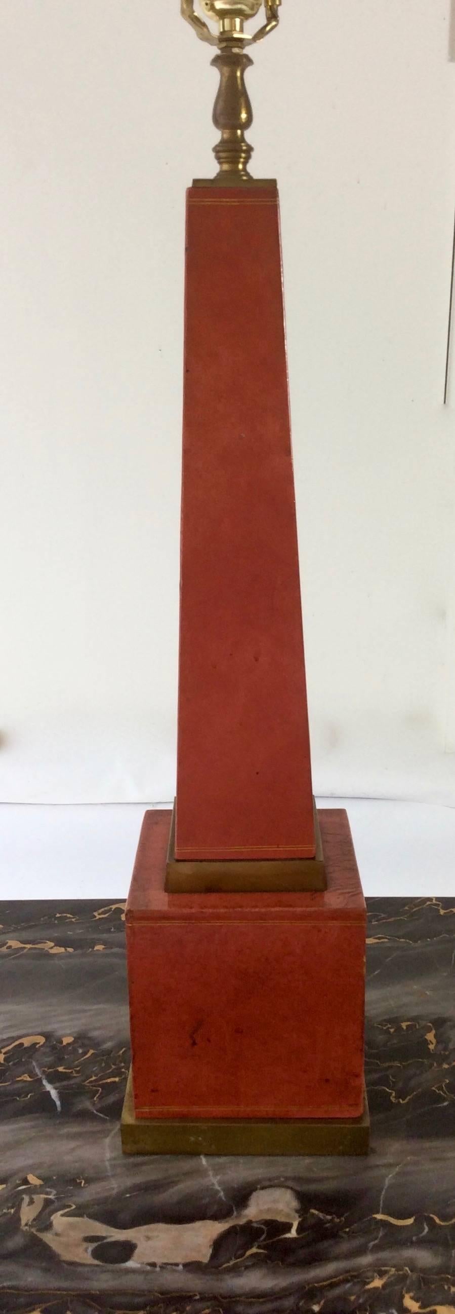 Empire Vintage Leather Obelisk Table Lamp with Brass Trim and Custom Shade
