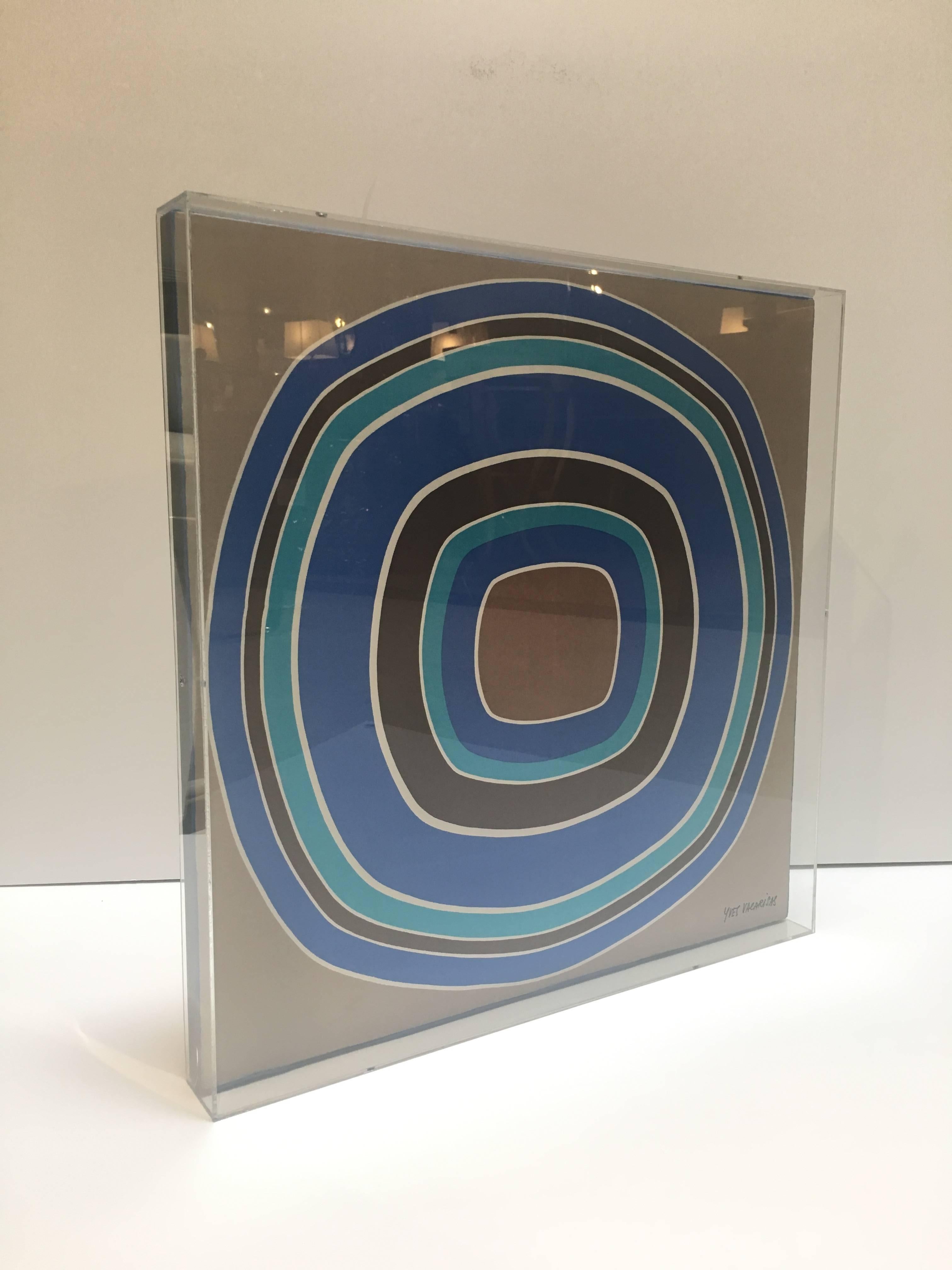 Late 20th Century Vintage Signed Silk Scarf, Manner of Kenneth Noland, Custom Lucite Box Frame