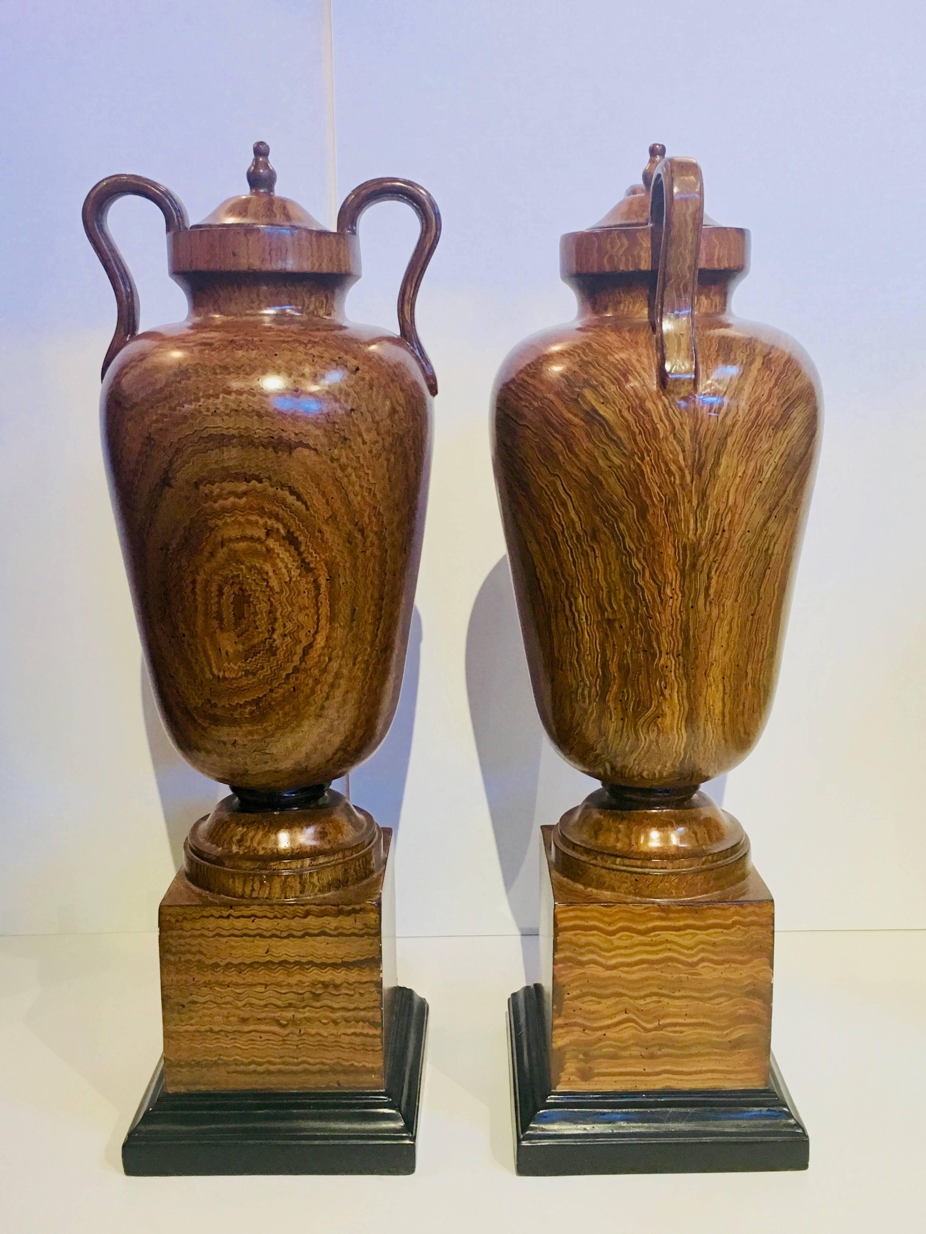 American Large Faux Bois Painted Urns, Pair