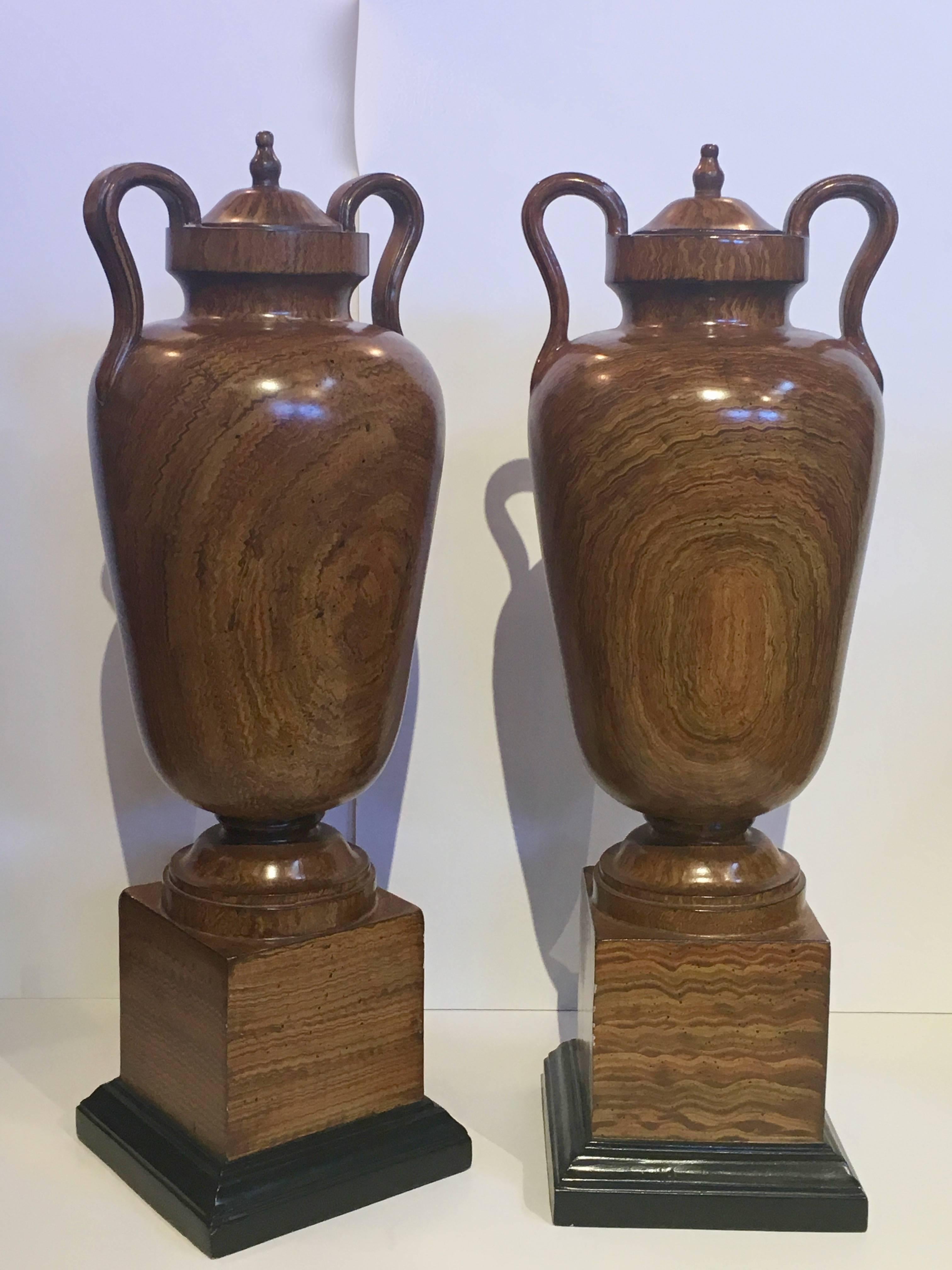 Large Faux Bois Painted Urns, Pair In Good Condition In Stamford, CT