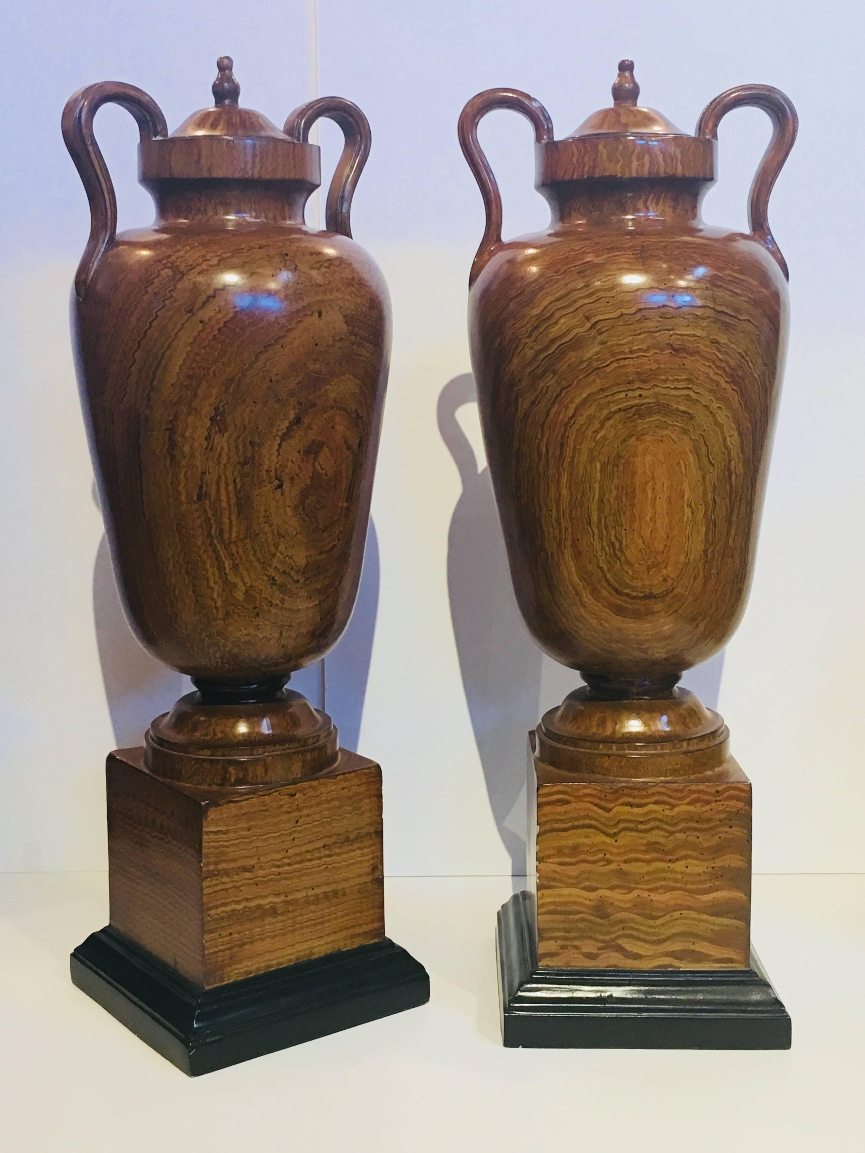 American Classical Large Faux Bois Painted Urns, Pair