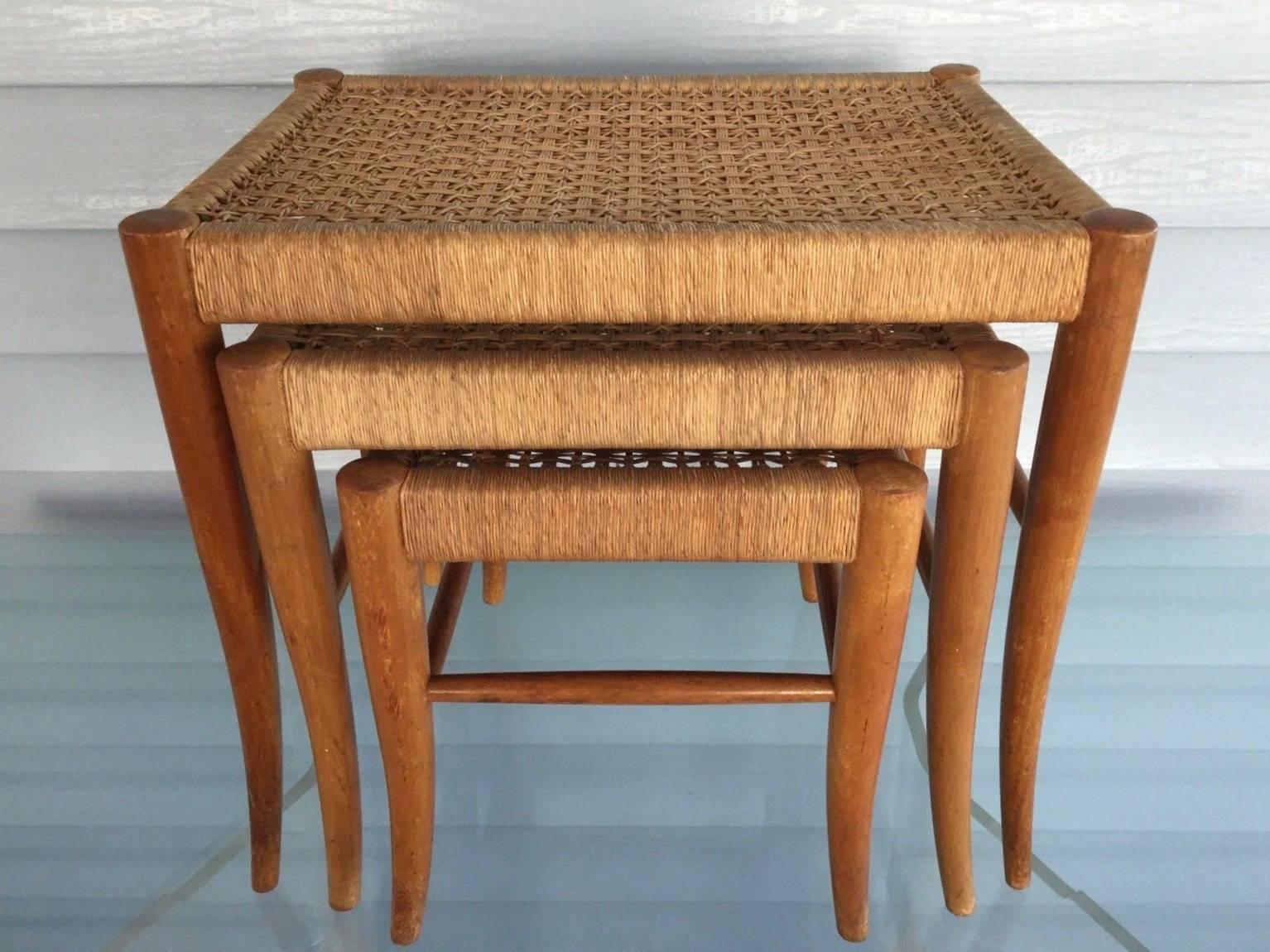 Trio of Flared Leg Nesting Tables, Woven Tops in the Manner of Robsjohn-Gibbings 2