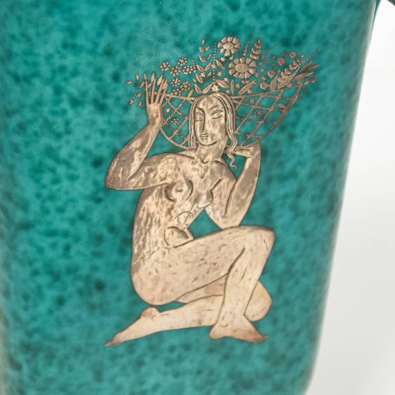 Embossed Gustavsberg Art Deco Vase with Silver Female Motif, circa 1930 For Sale