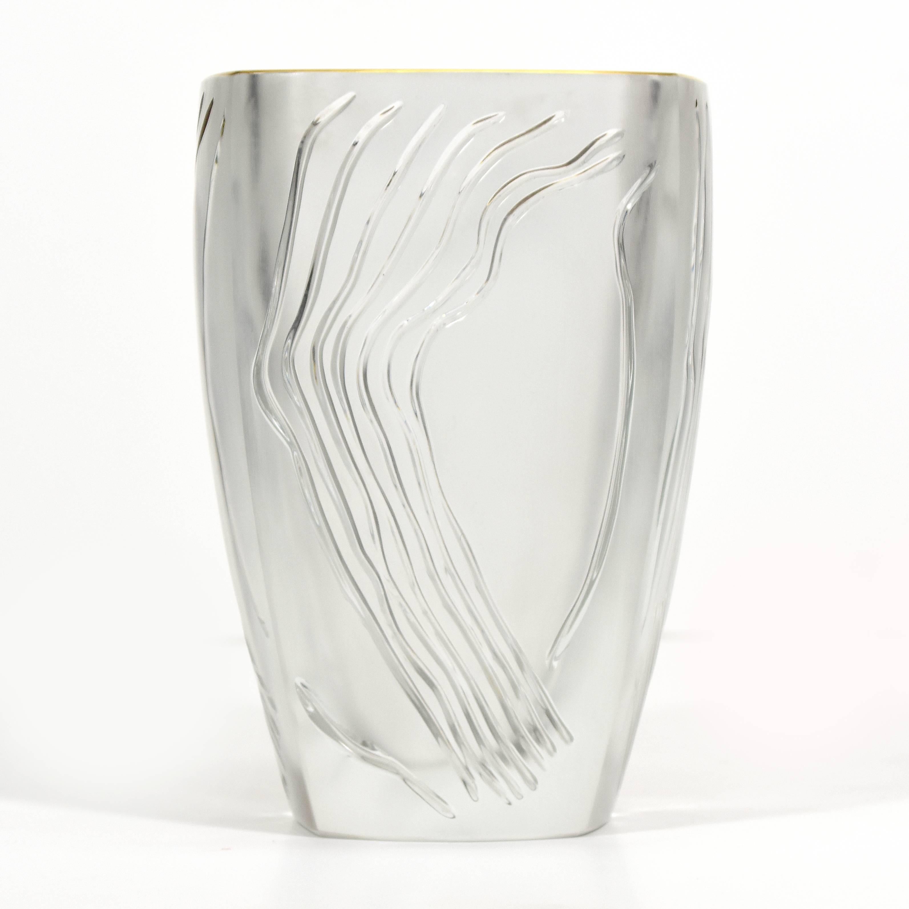 Special edition of Lalique's modernist 'Yasna' vase, circa 2000
Featuring a gold finish to the lip of the vase
Model no. 12268
Engraved signature to base: Lalique France
Reference:
Lalique par Marie-Claude Lalique, Edipop, Geneva, ref: 11624