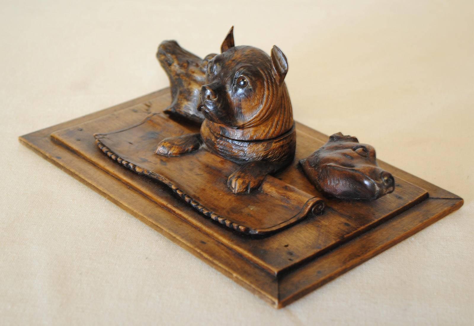 Austrian animalia themed inkwell featuring a Pug Dog aside a cow and fox. The Pug's head lifts to reveal an inkwell. A very sweet piece to decorate your desk. Dating as circa 1930.