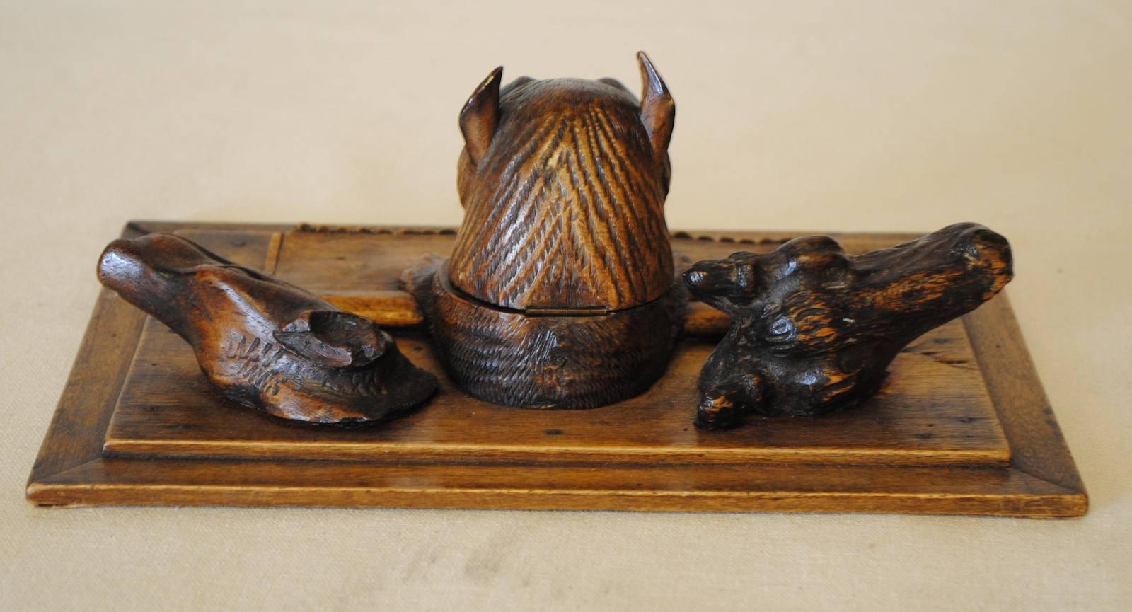 Austrian Timber Inkwell with Pug Dog In Good Condition For Sale In Armadale, Victoria