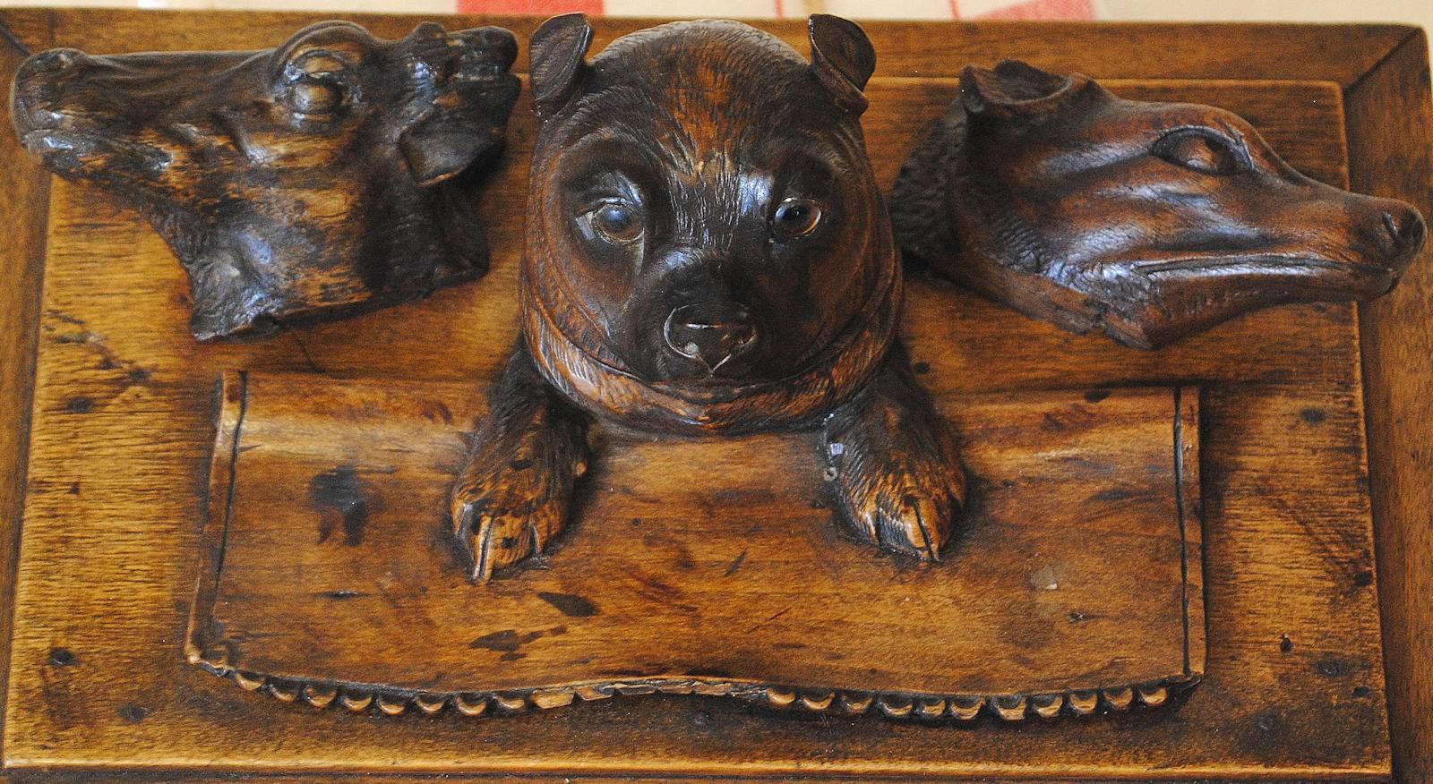 Mid-20th Century Austrian Timber Inkwell with Pug Dog For Sale