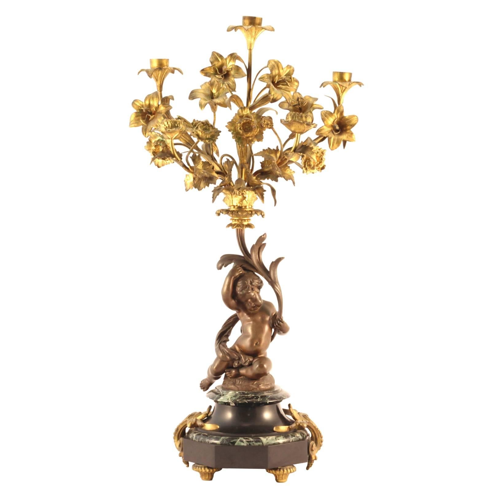 Pair of 19th Century Louis XVI Style Gilt and Cast Bronze Putti Candelabra For Sale 1