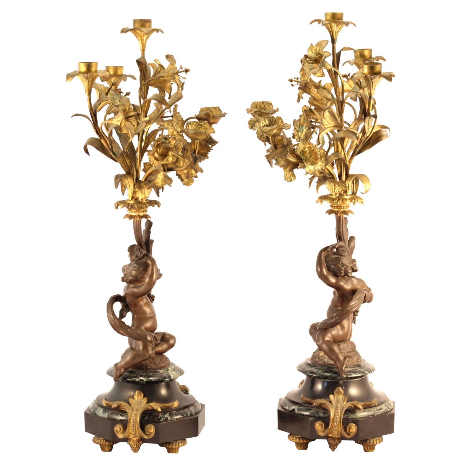 European Pair of 19th Century Louis XVI Style Gilt and Cast Bronze Putti Candelabra For Sale