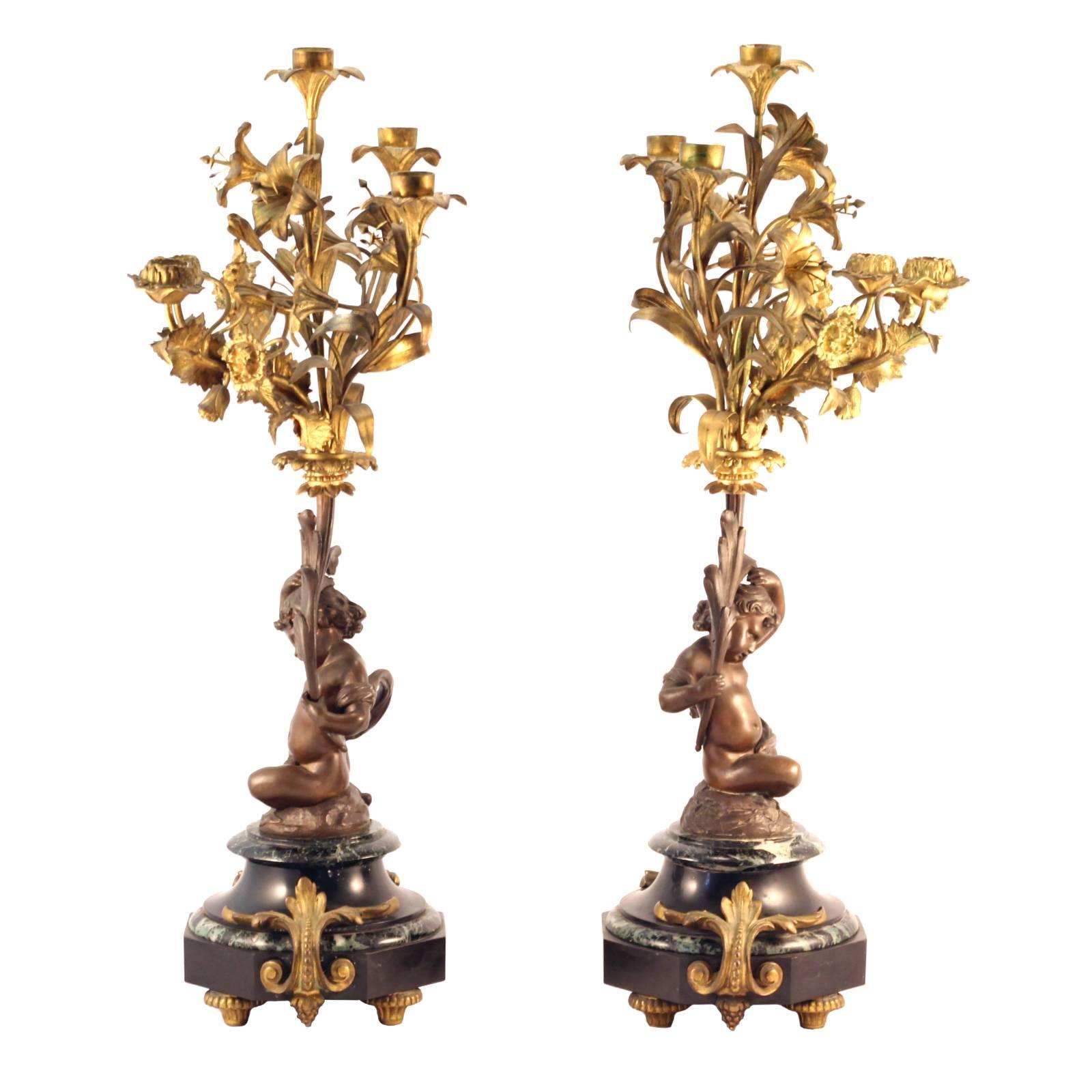 Pair of 19th Century Louis XVI Style Gilt and Cast Bronze Putti Candelabra In Excellent Condition For Sale In Brisbane, Queensland