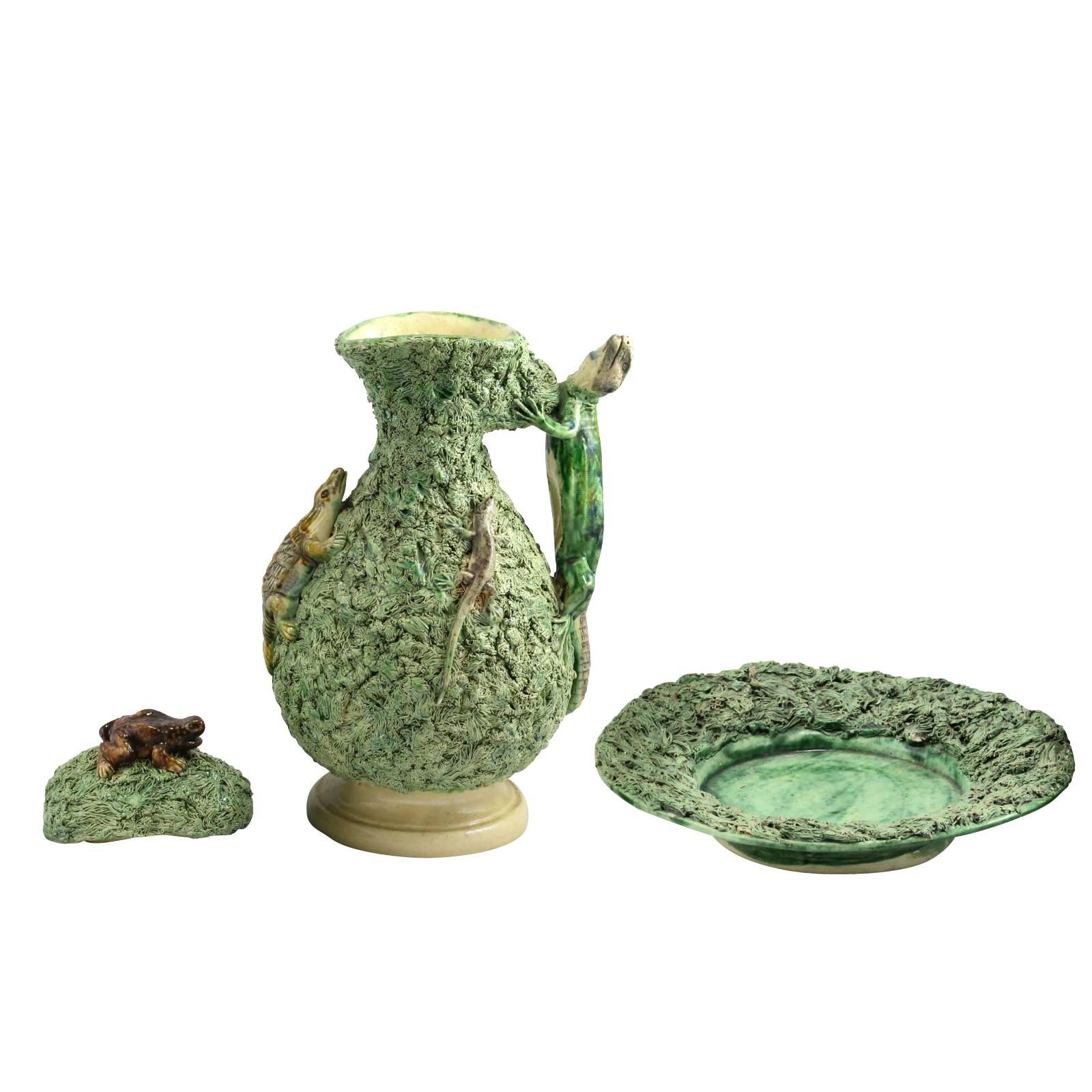 Palissy Ware Jug and Bowl with Nature Scene For Sale 1