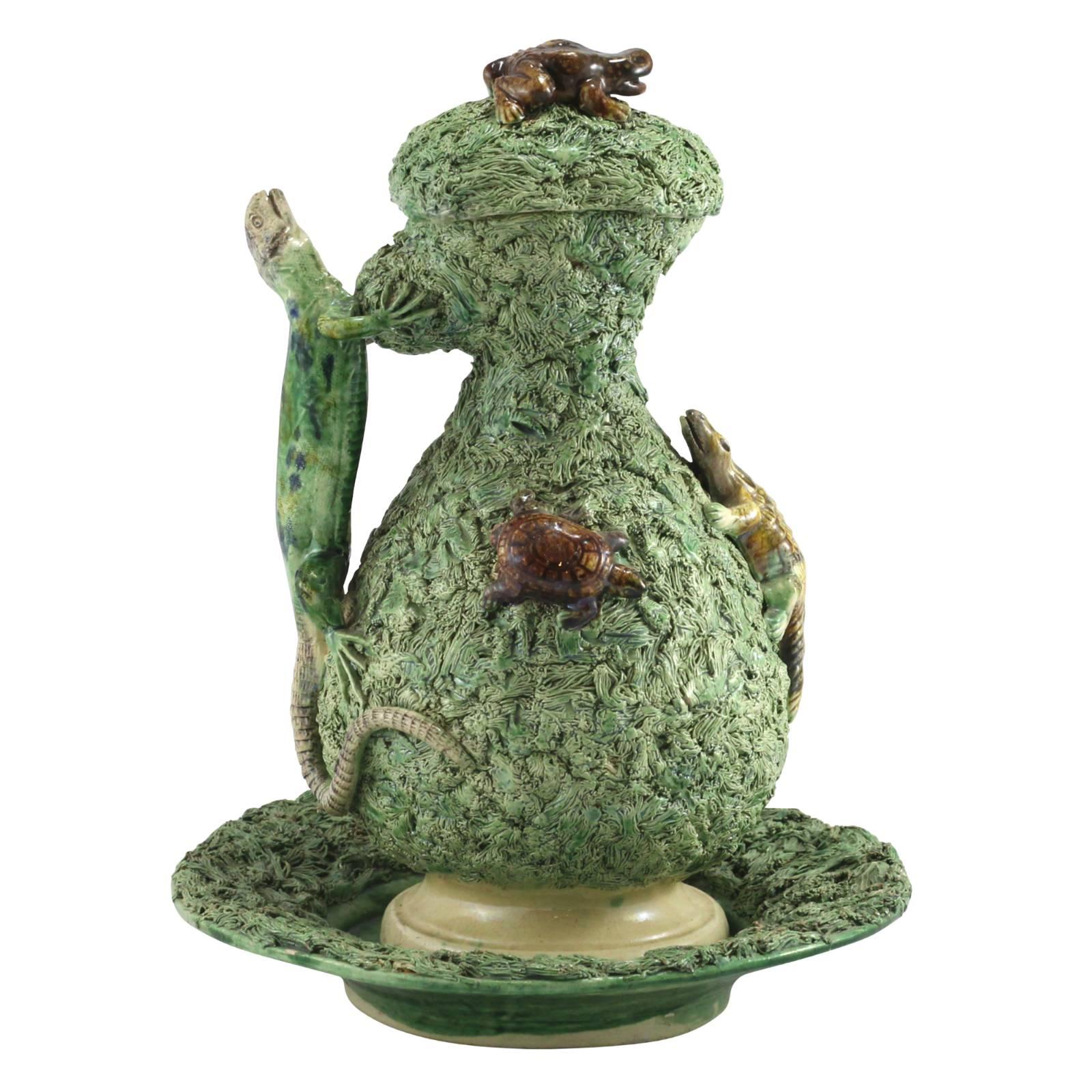 Palissy Ware Jug and Bowl with Nature Scene For Sale