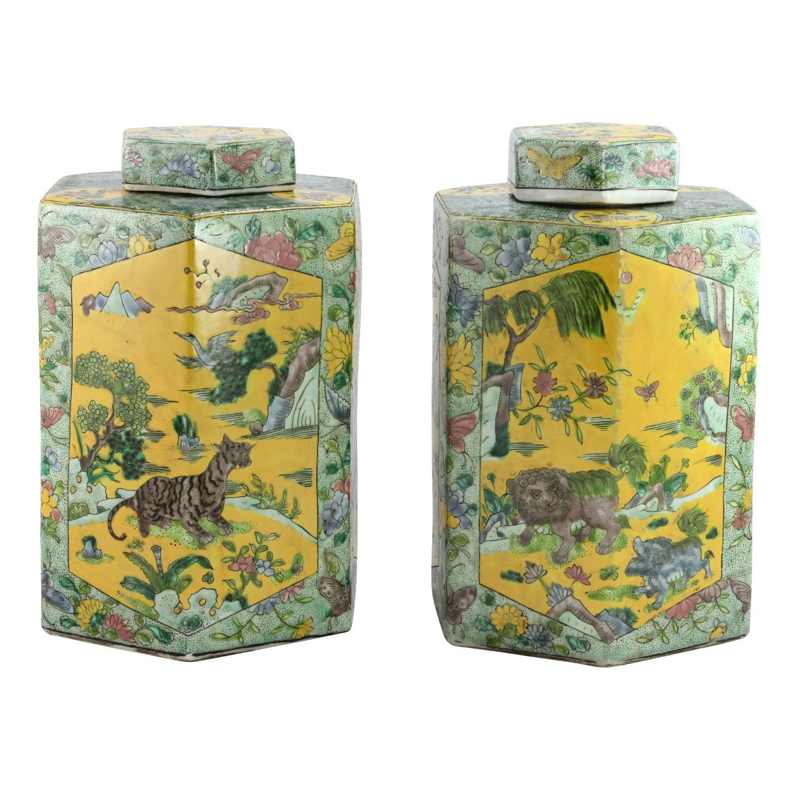 Qing Pair of 20th Century Chinese Kangxi Style Hexagonal Shaped Lidded Jars For Sale