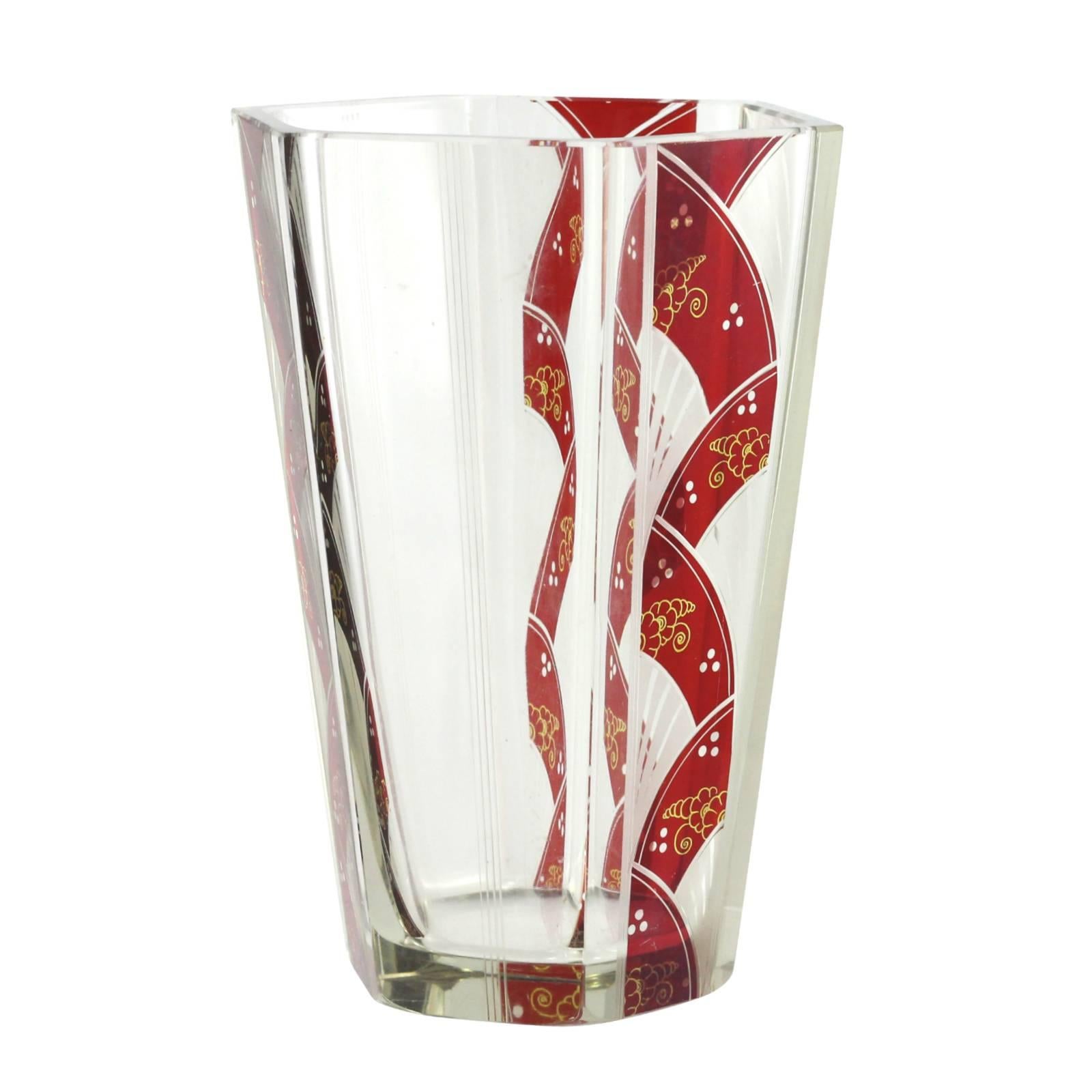 Art Deco Etched Hexagonal Vase with Ruby Flashing by Karl Palda  In Excellent Condition For Sale In Brisbane, Queensland