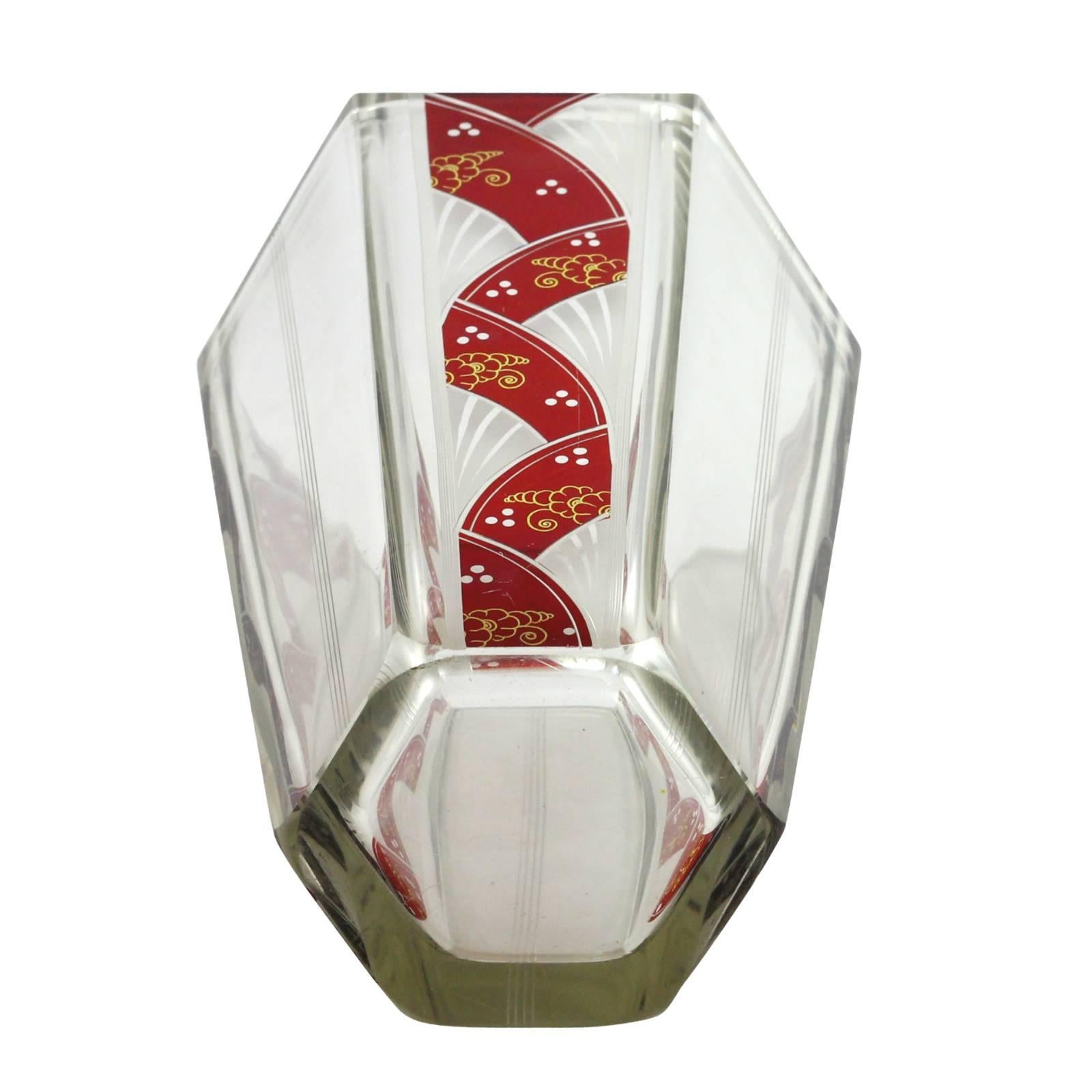 Mid-20th Century Art Deco Etched Hexagonal Vase with Ruby Flashing by Karl Palda  For Sale