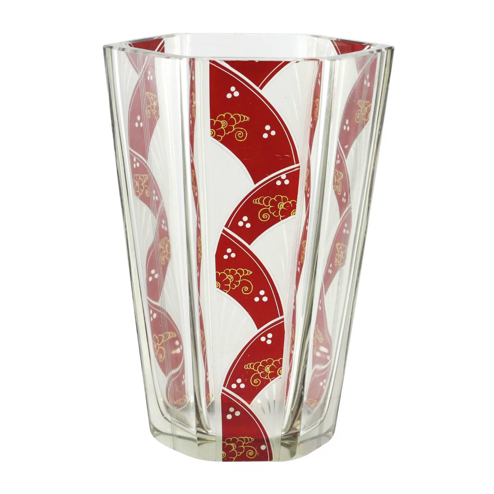 Art Deco Etched Hexagonal Vase with Ruby Flashing by Karl Palda  For Sale