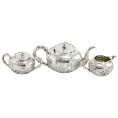 Vintage Early 20th Century 3 Piece Chinese Export Silver Tea Set by Wang Hing