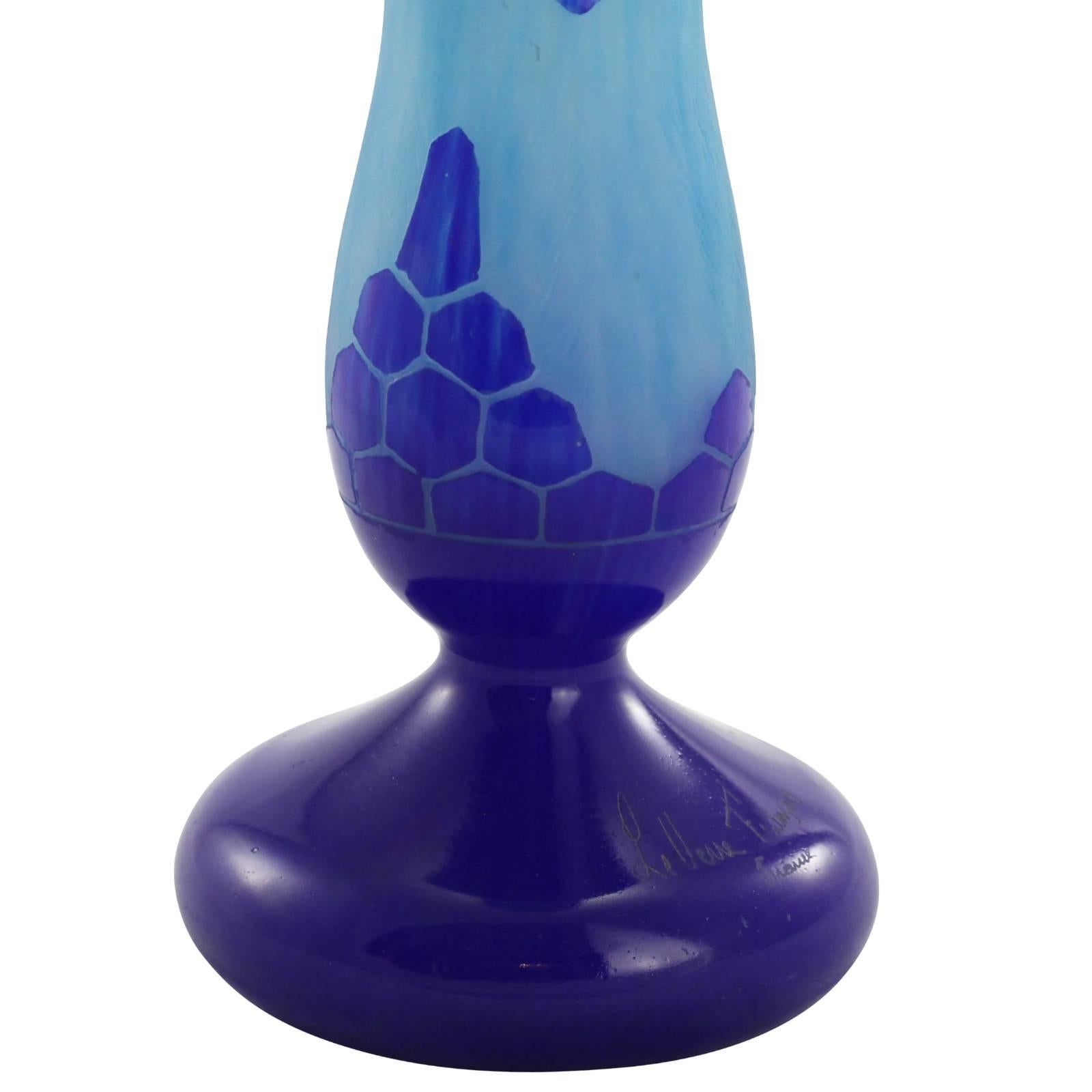 Large Early 20th Century Art Deco Le Verre Francais 'Azurette' Vase by Schneider For Sale 1
